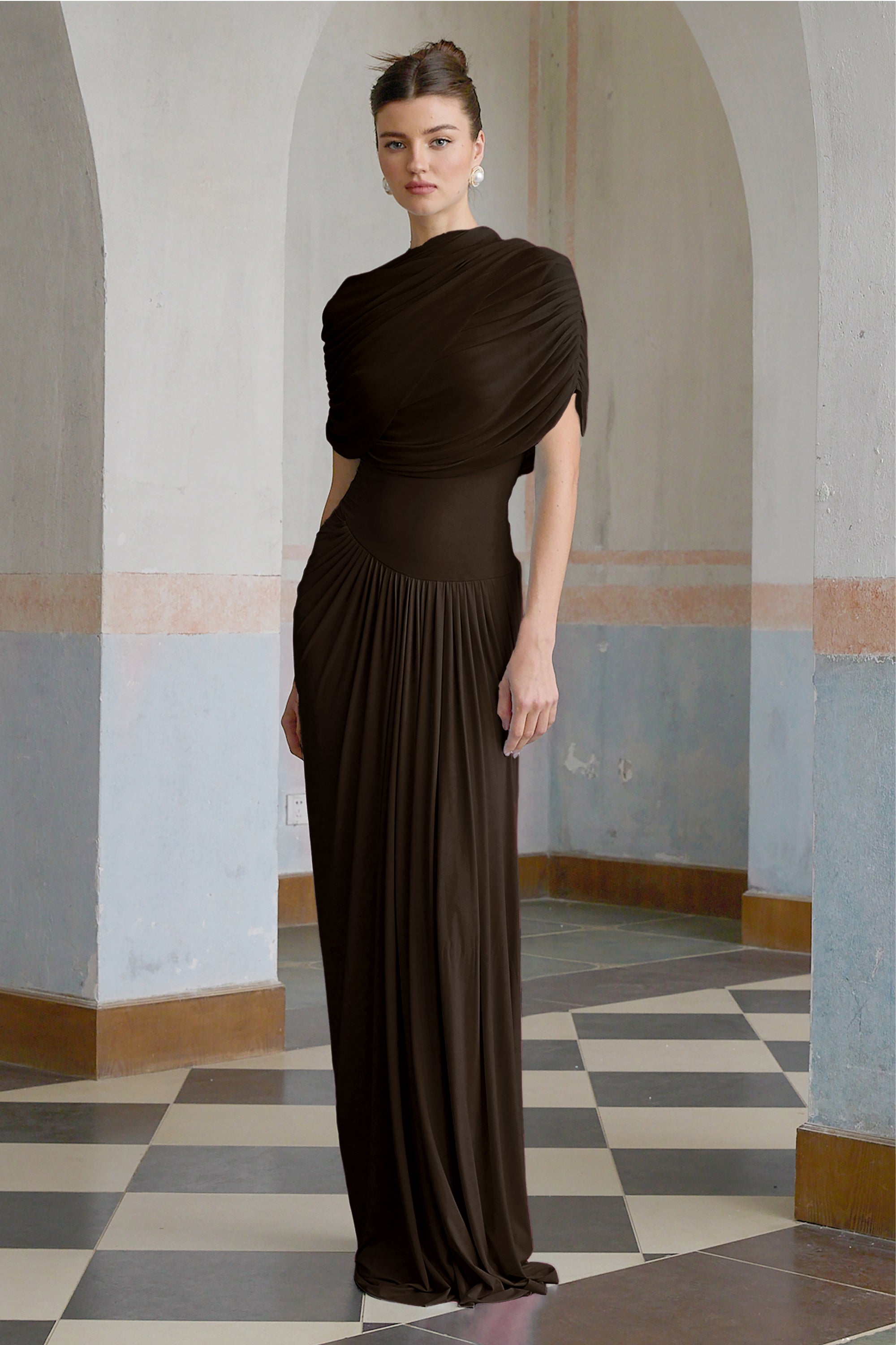 Catherine asymmetrical pleated maxi dress in Brown (Final Sale-US Only)