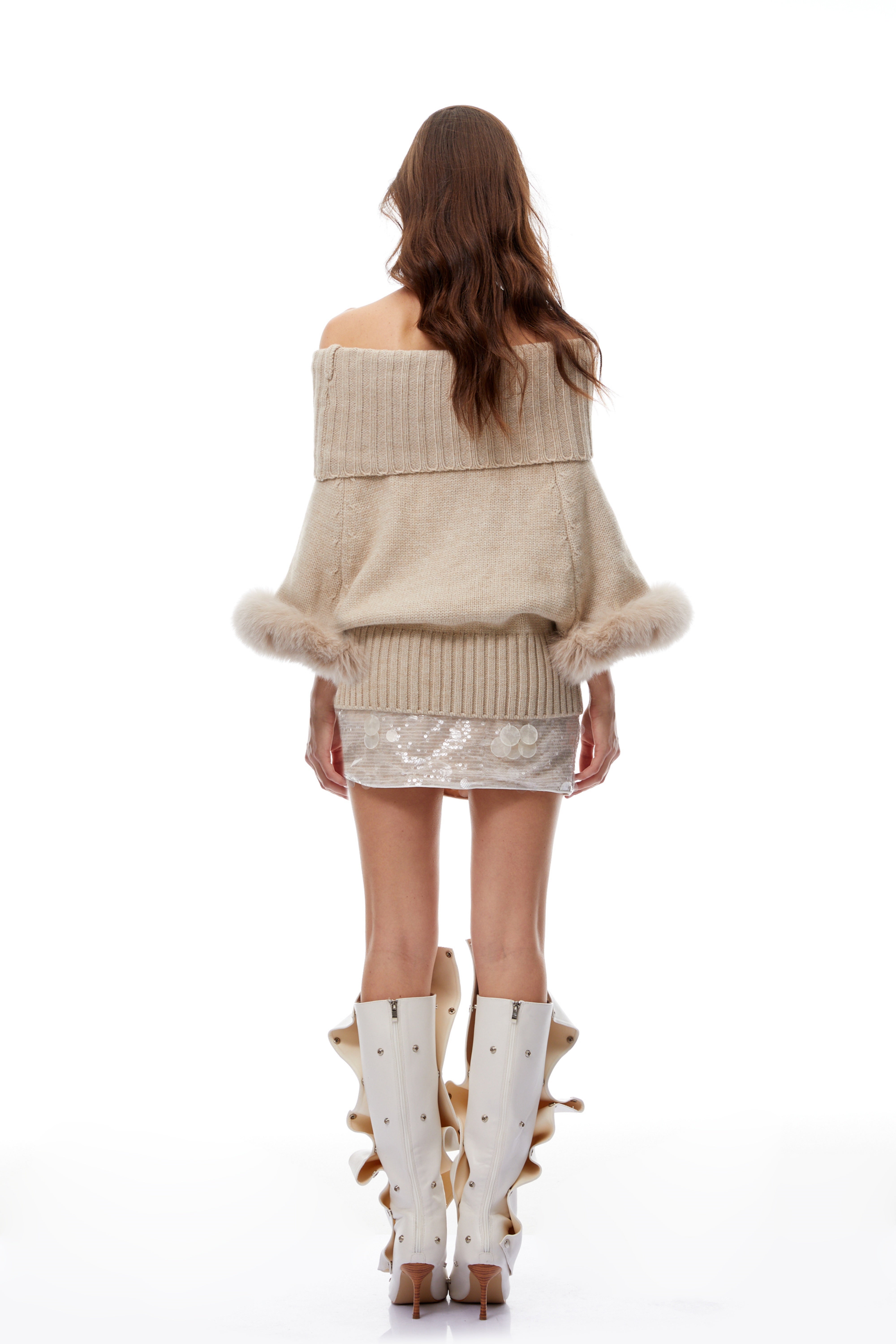 Layla Neutral Fur Trim Cable Knit Sweater