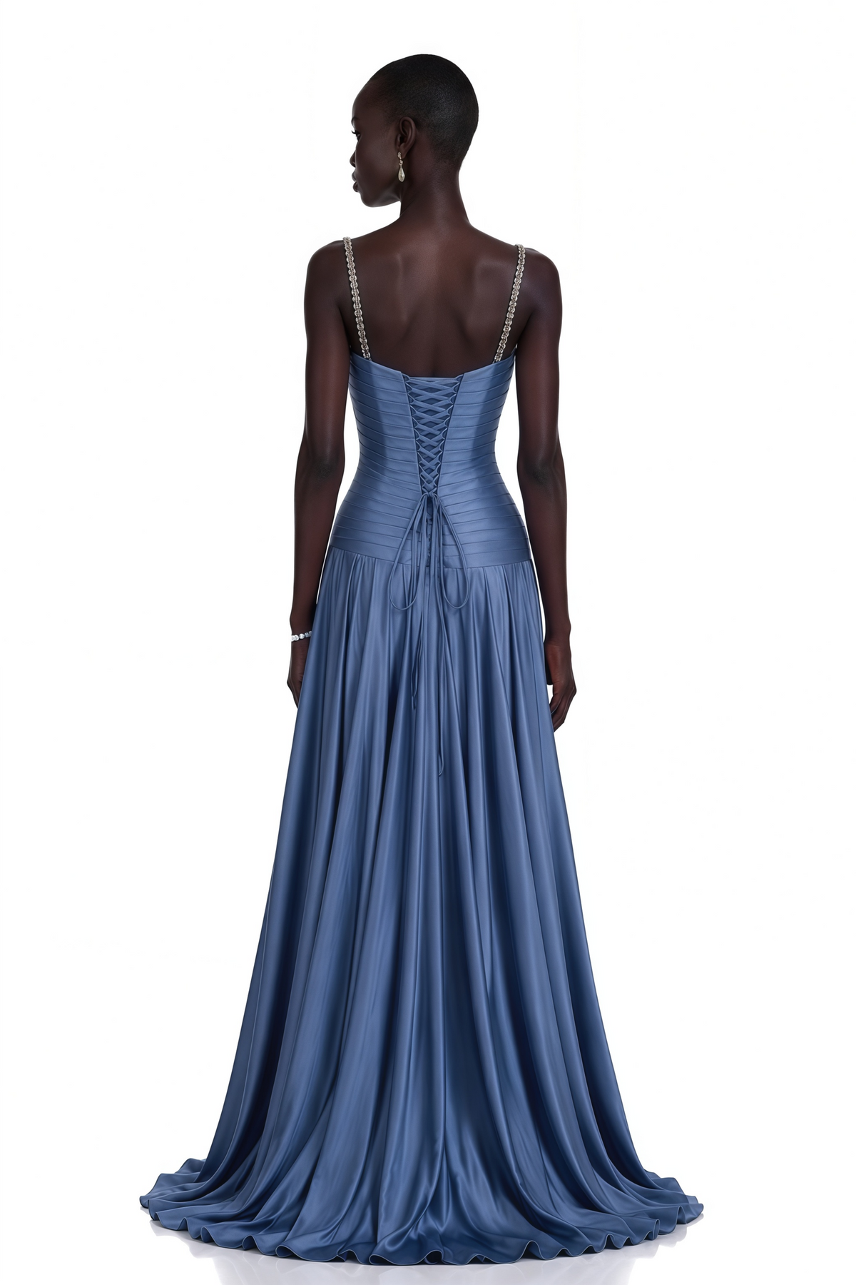 angelína blue diagonal pleated gathered maxi gown