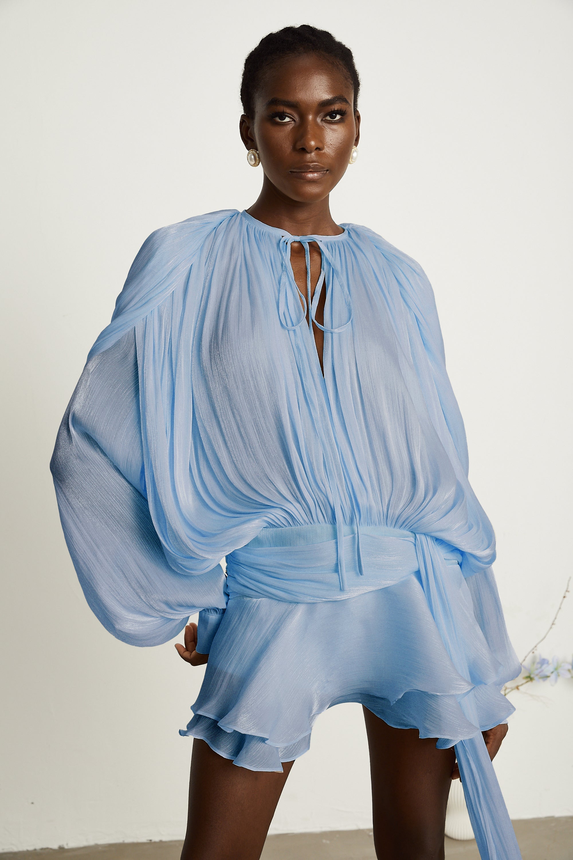 Eugénie fully-pleated ruffled mini dress in Blue