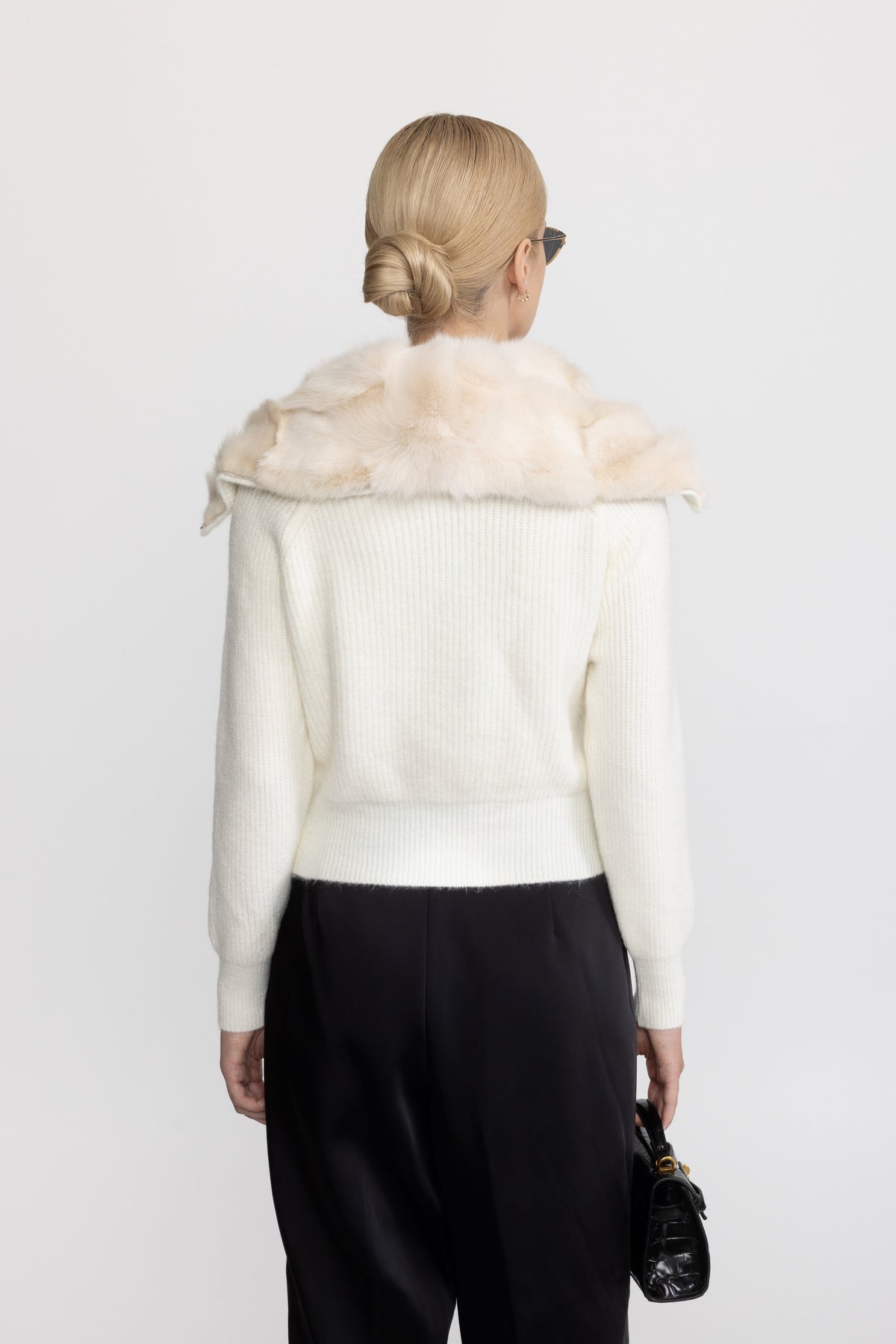 Rabbit Fur Panel Knit Zip Cardigan - Ivoire