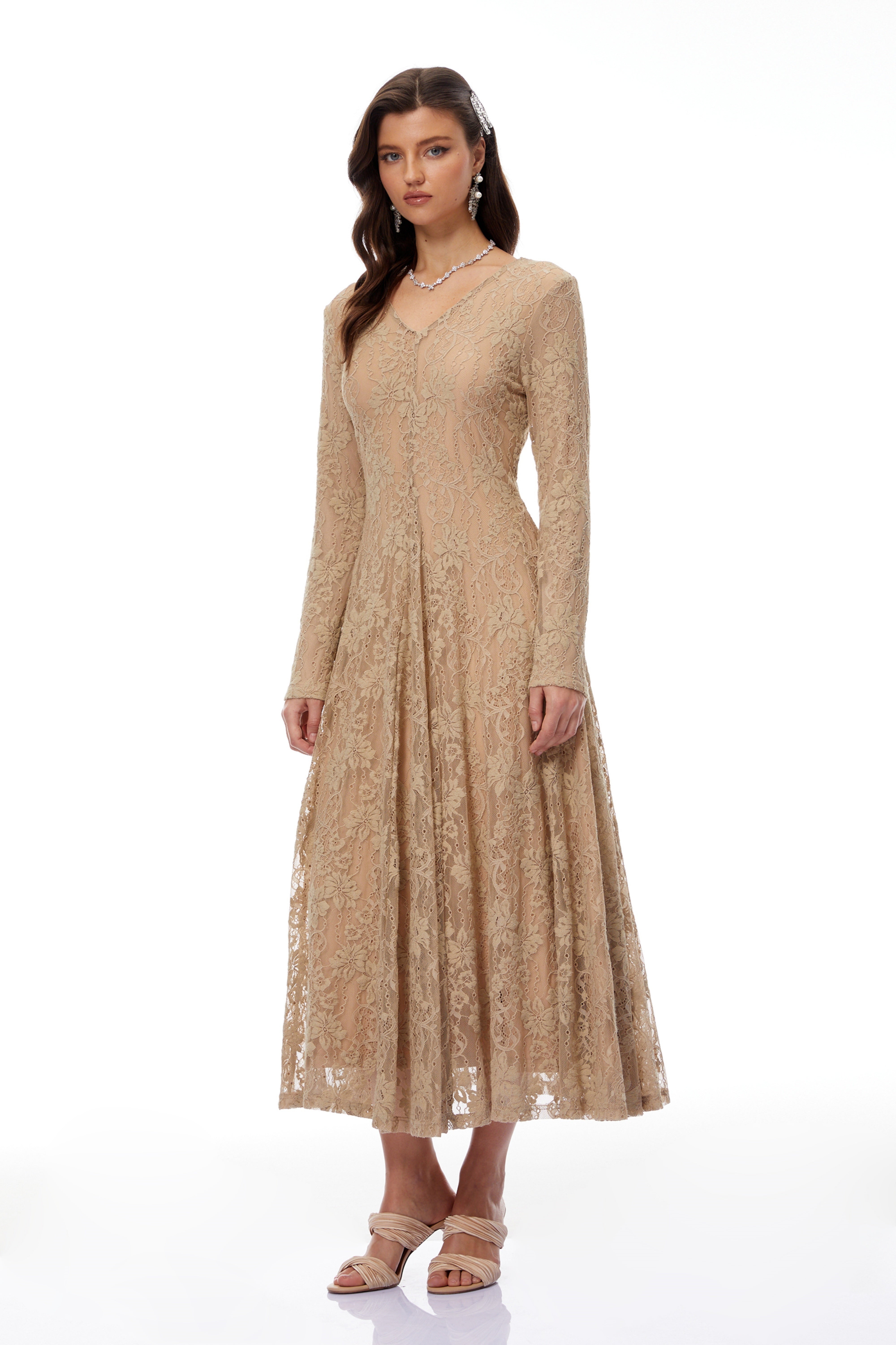 Fernanda Neutral Floral Lace Midi Dress (Final Sale)