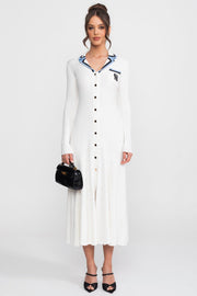 Georgiana White Long Sleeve Knit Midi Dress With Polo Collar And Monogram Patch