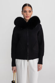 Valeriane Black Zip-Up Wool Hoodie With Fox Fur Collar