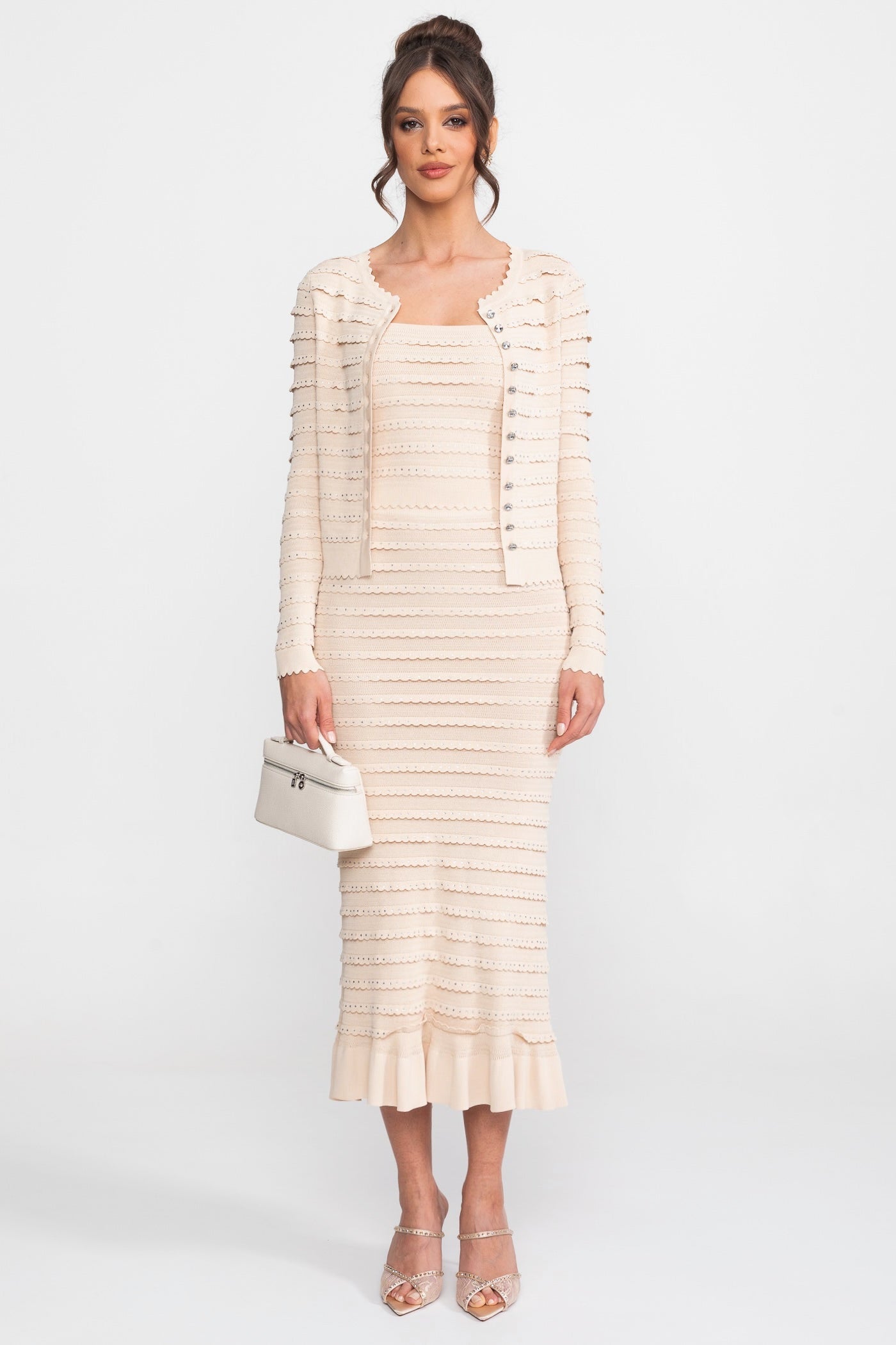 Textured Knit 3 Piece Set With Blazer, Top And Midi Skirt - Beige