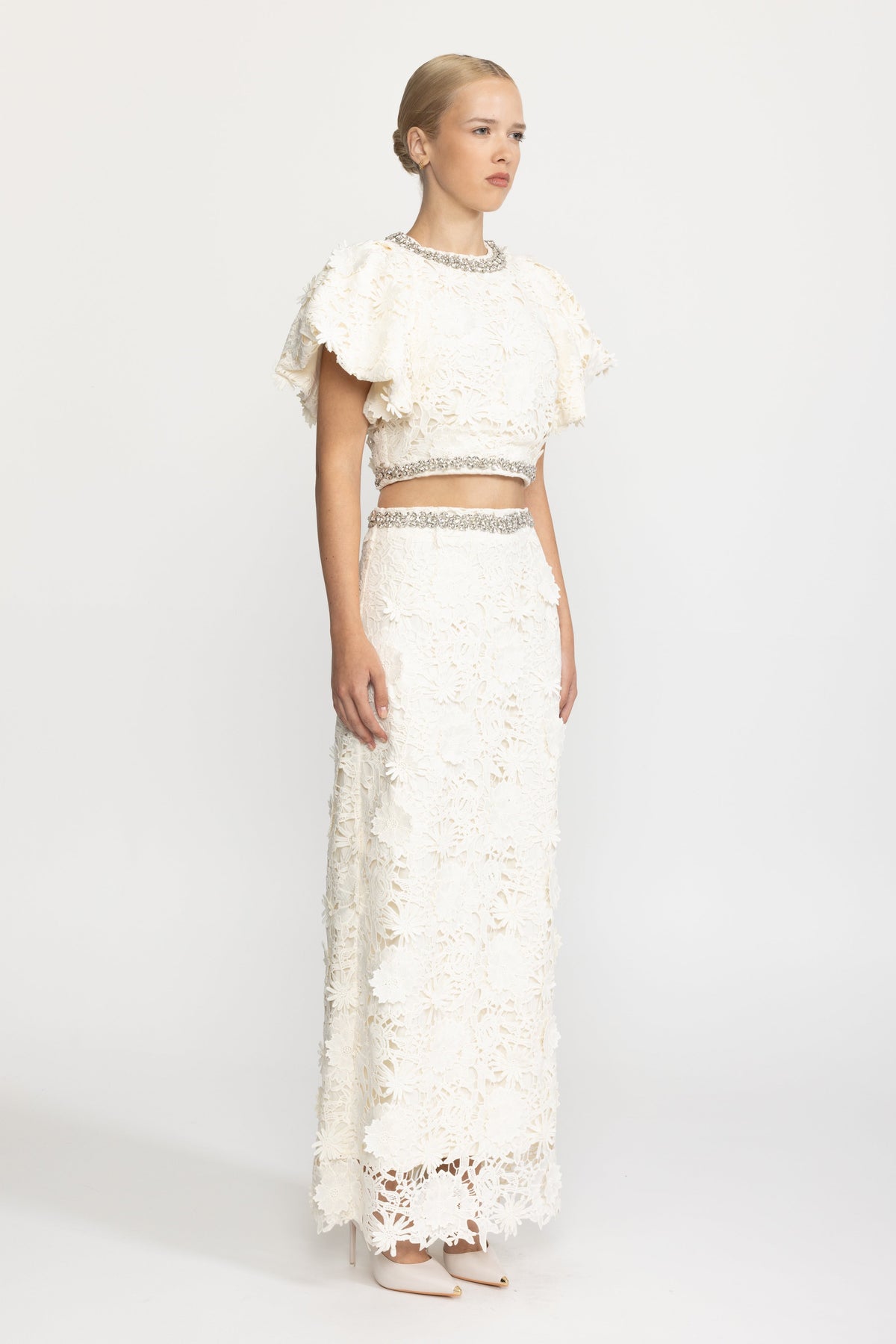 Crystal Trim Guipure Lace Crop Top and Maxi Skirt Co-ord Set - Ivoire