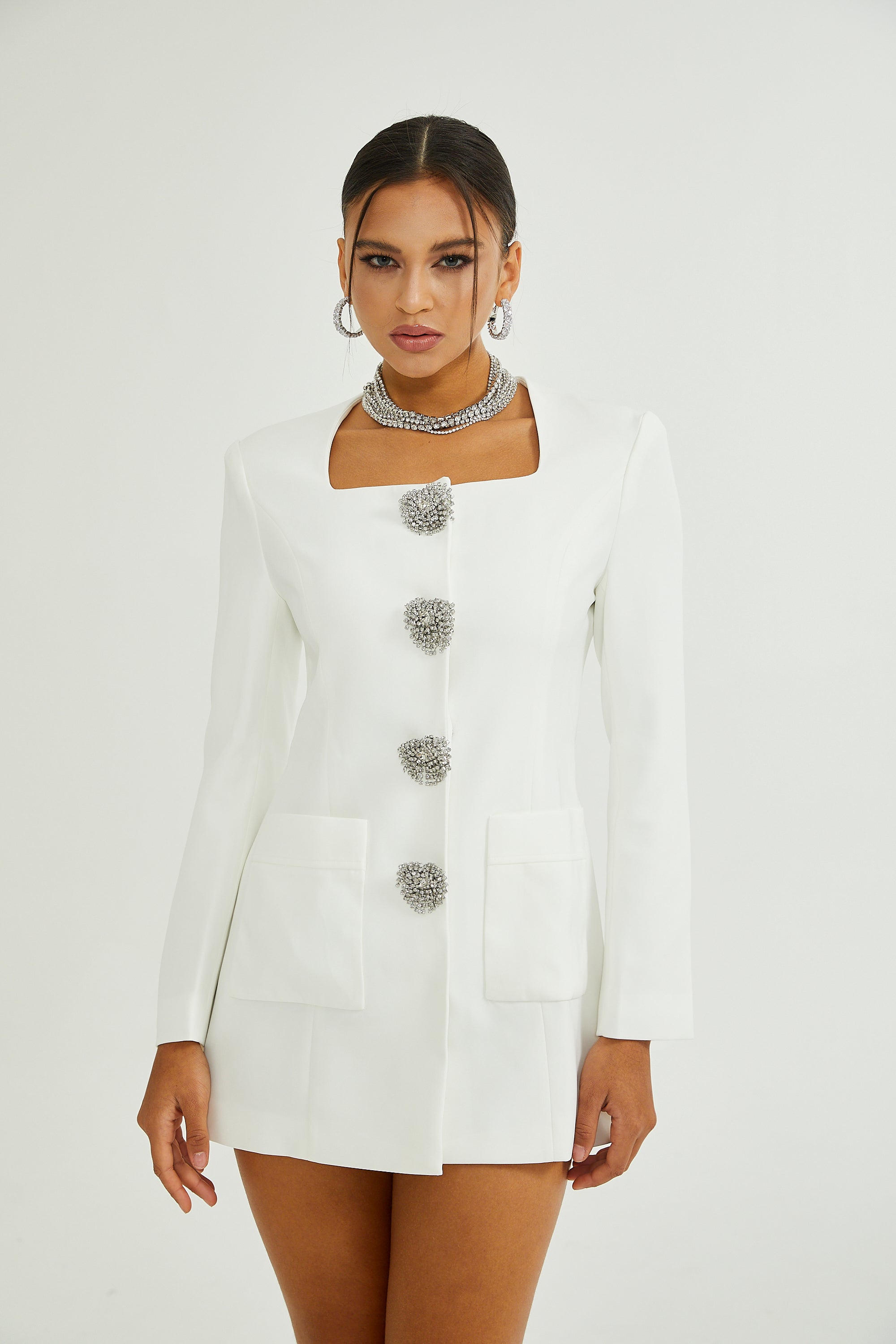 Fionnghuala White Crystal Embellished Mini Dress (Final Sale-US Only)