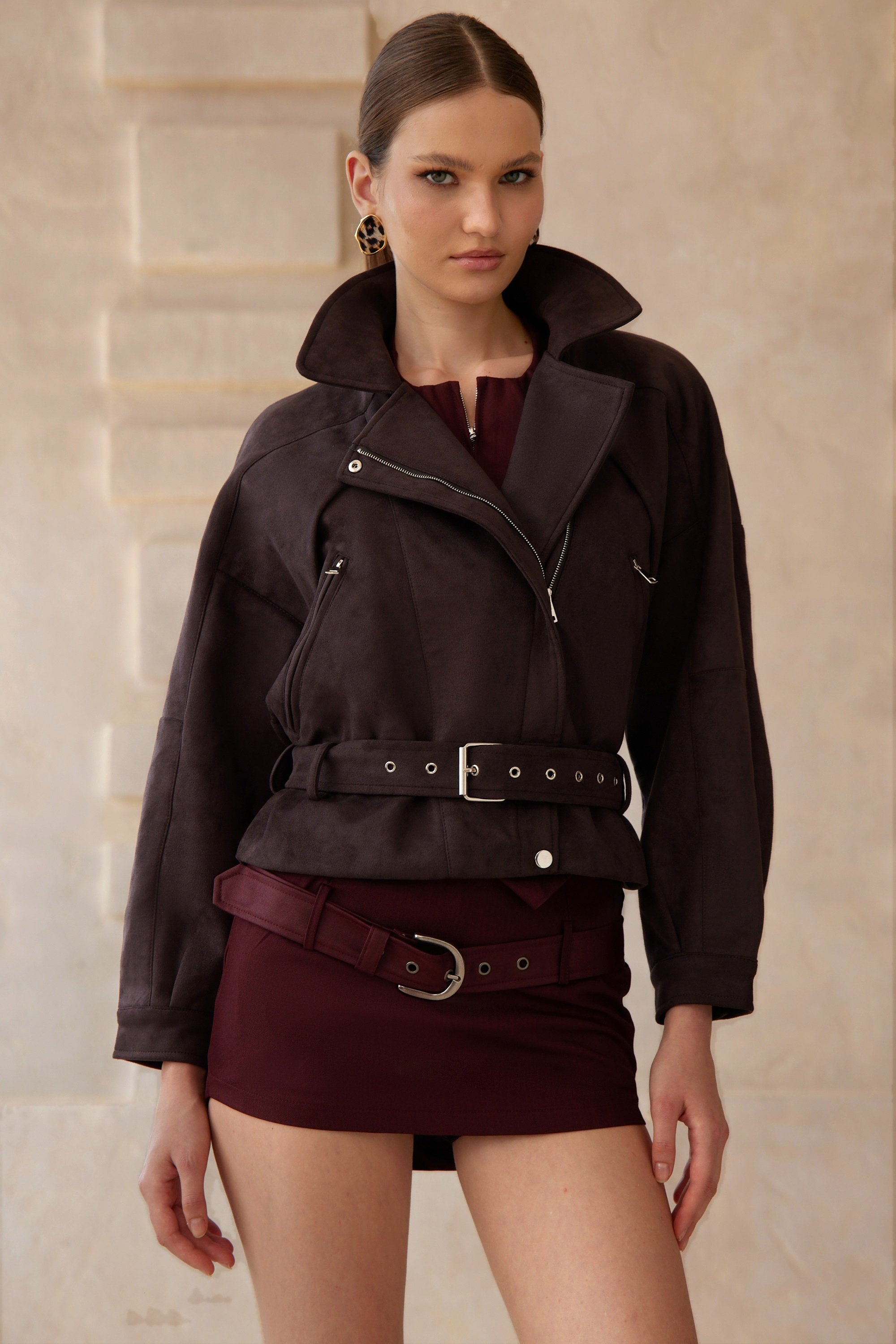 Laura Brown Belted Suede Biker Jacket