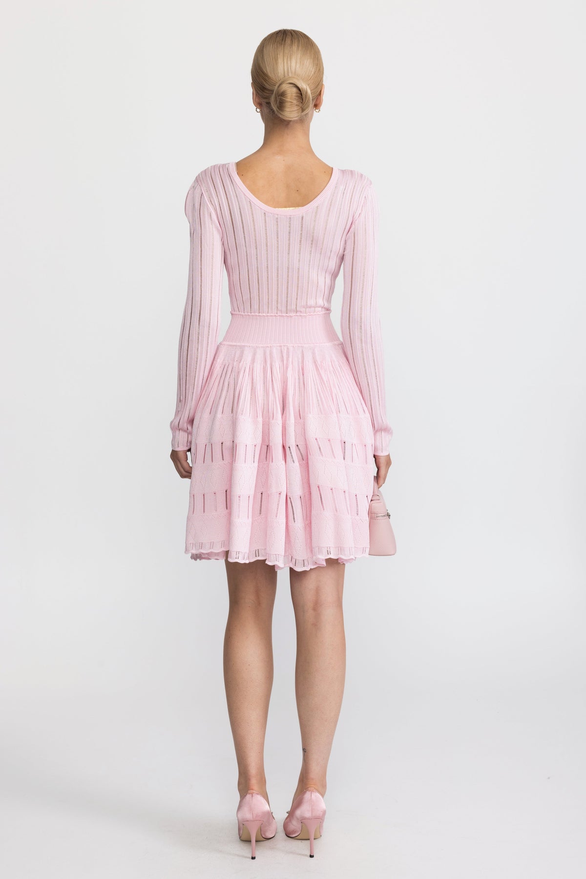 Ladder Knit Scoop Neck Skater Mini Dress - Pink