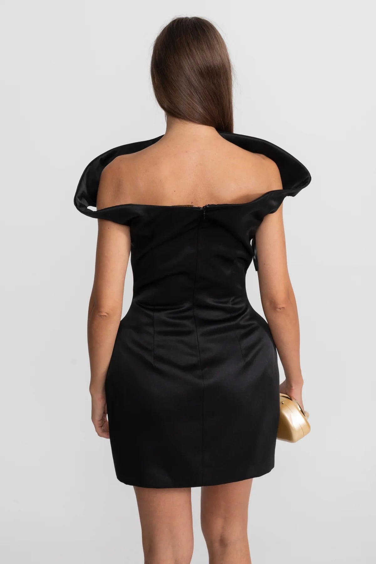 Satin Mini Dress with Sculptural Shoulder Detail - Black