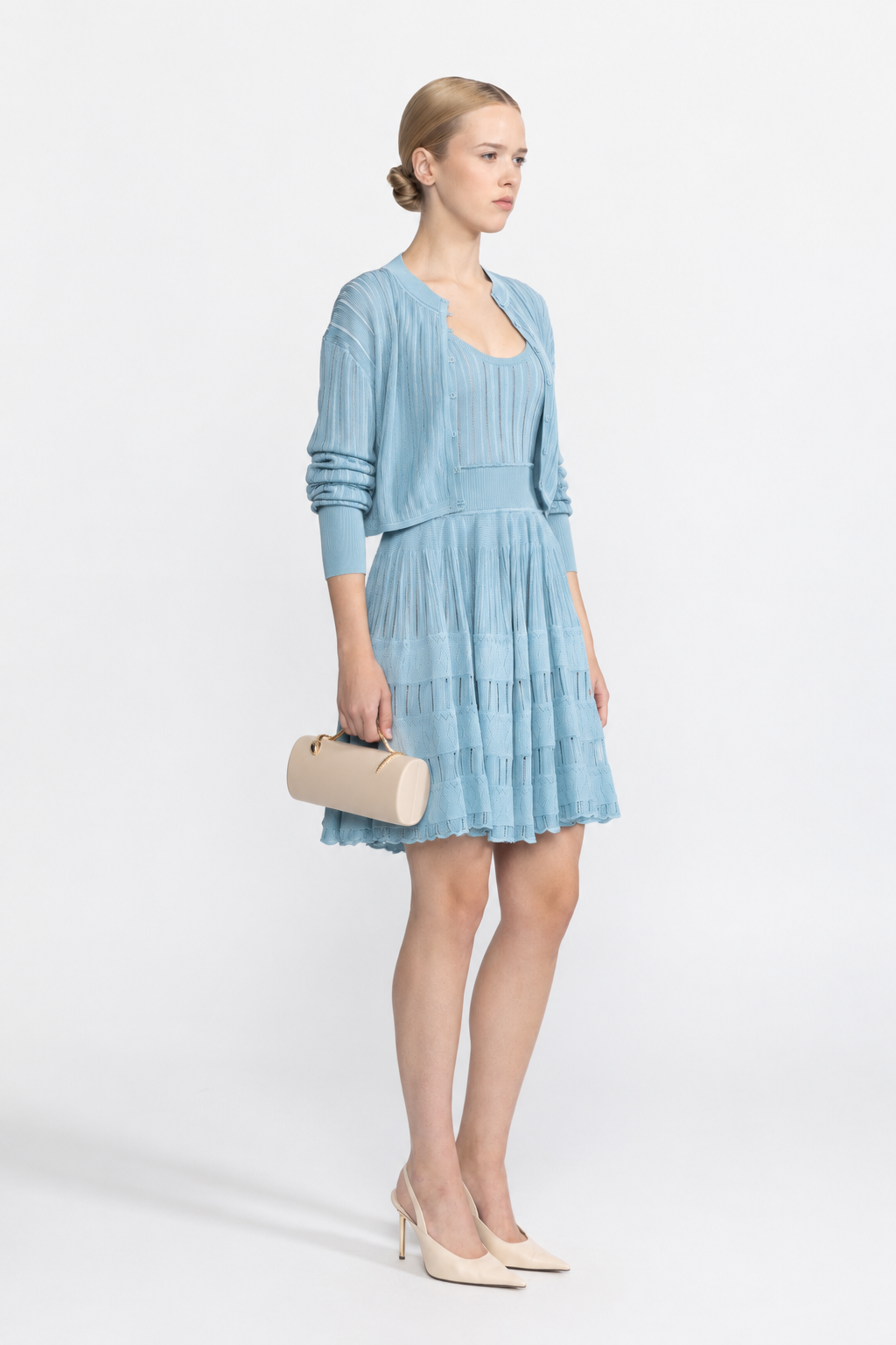 Jacinthe Light Blue Rib Pointelle Knit Cropped Cardigan and Skater Dress Set