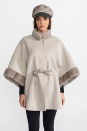 Wool Blend Cape Coat with Sable Fur Trim – Light Grey