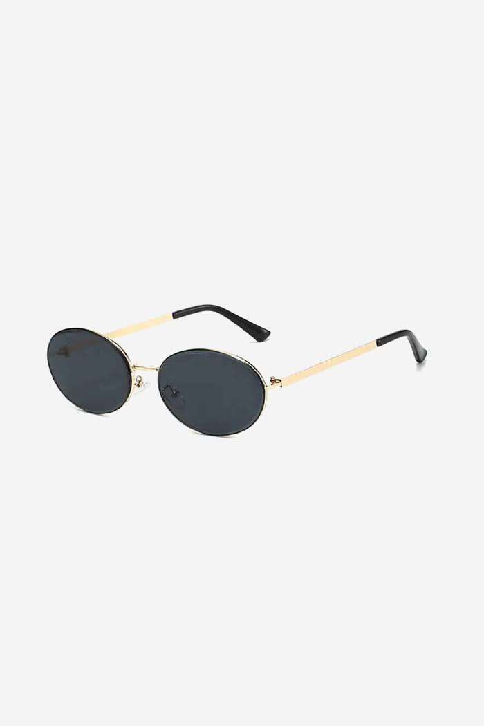 Slim Oval Sunglasses with Polished Metal Frame and Adjustable Nose Pads – Black