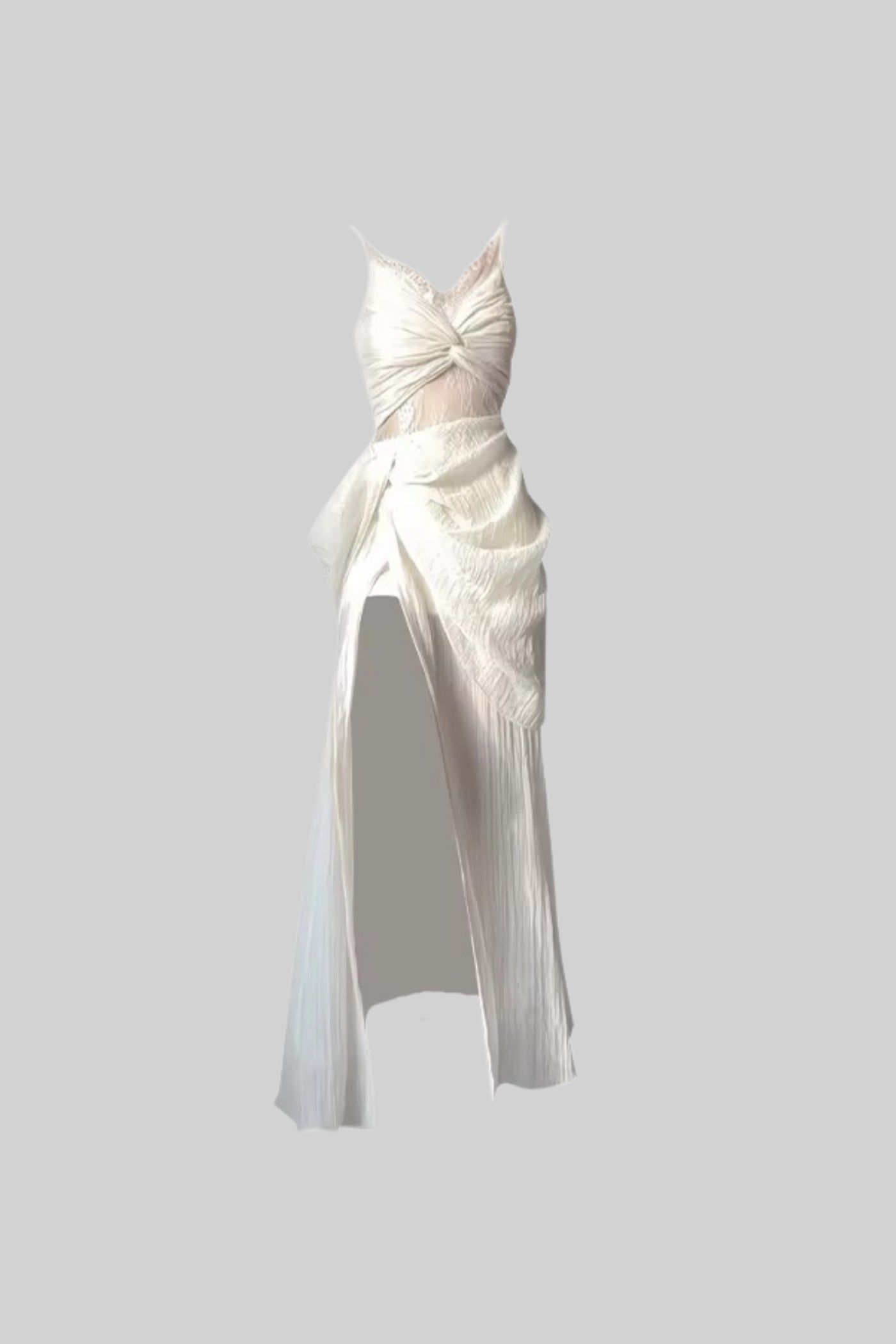 Elegant Sleeveless Gown With Intricate Pleated Design And High Slit - White
