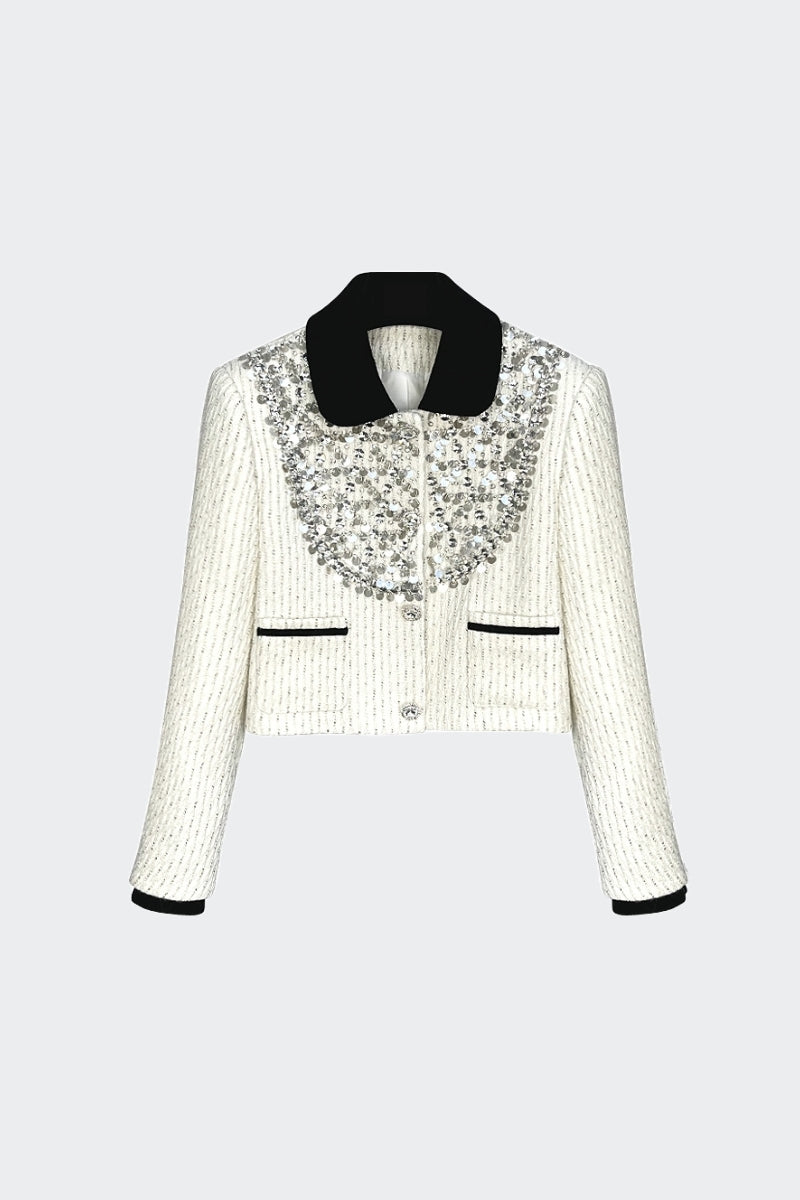 GISOU Blazer with Contrasting Collar and Jewelry Details - White