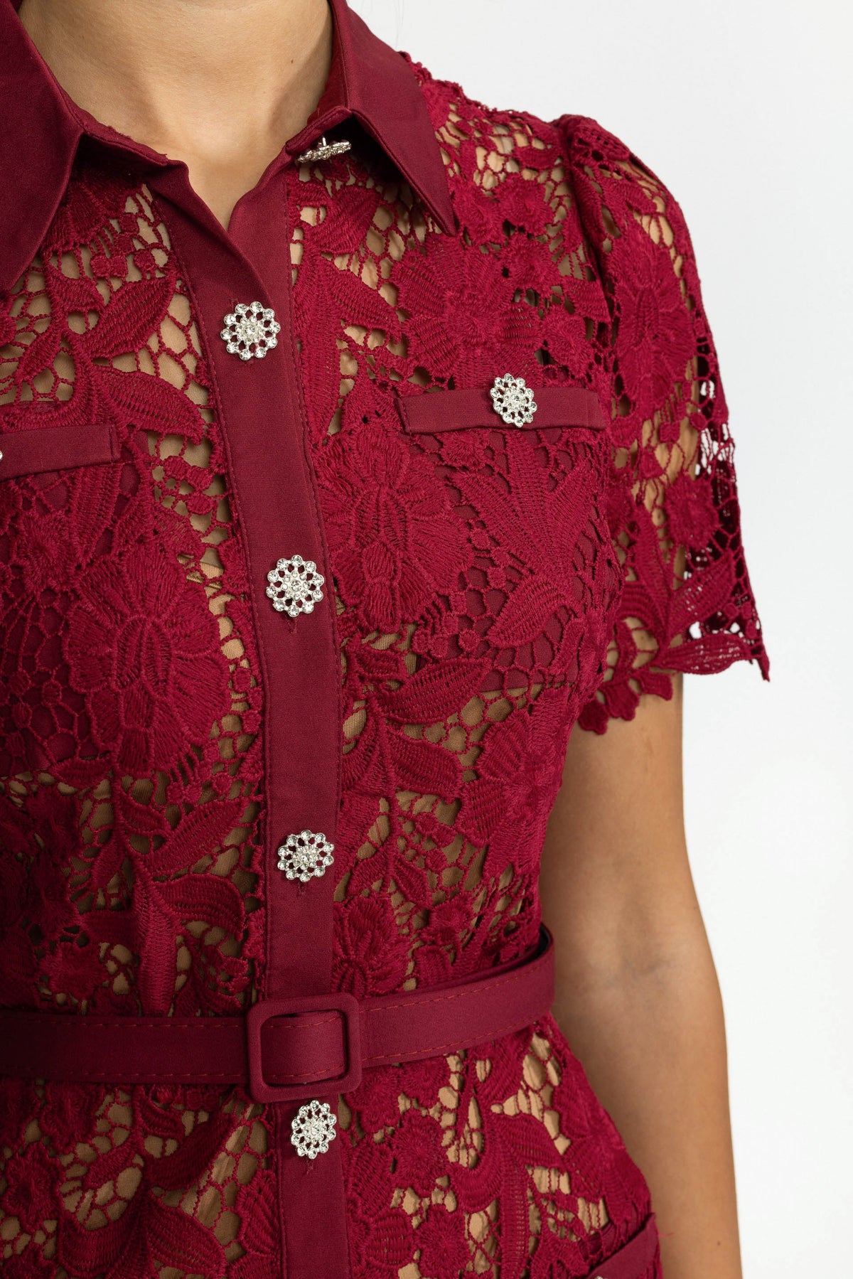 Guipure Lace Crystal Button Shirt Midi Dress - Wine