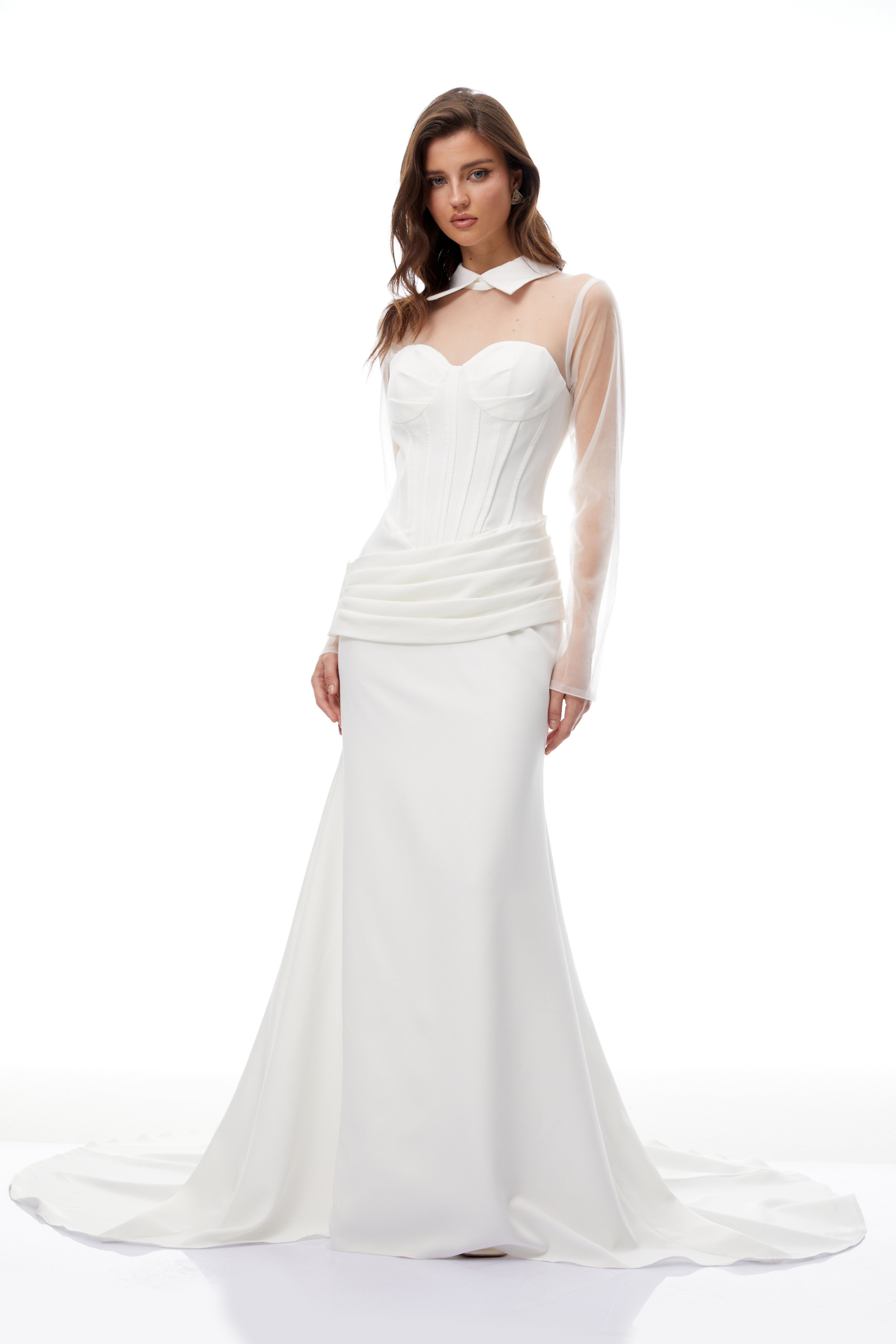 Ivana White Train Design Corset Maxi Dress