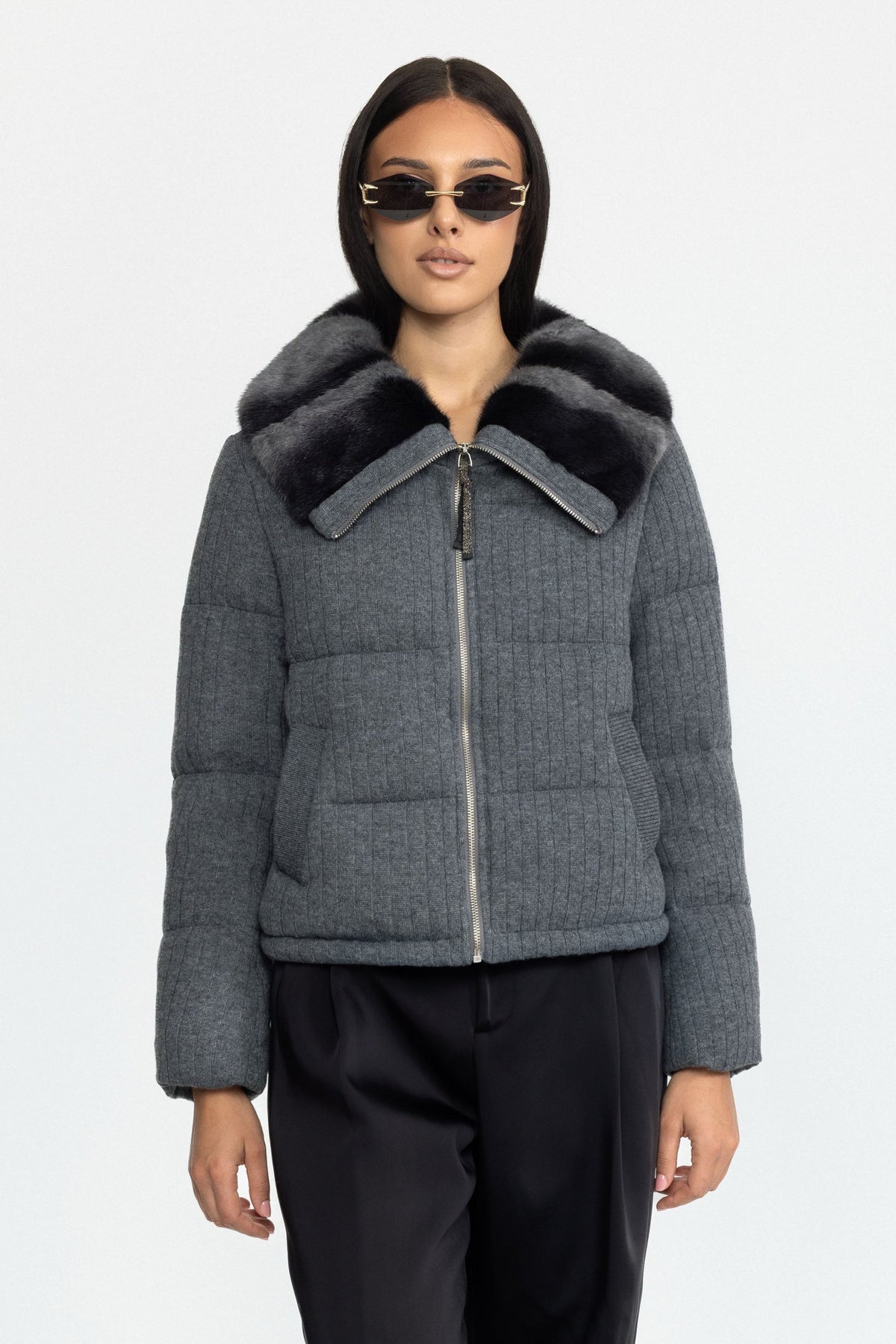 Mink Collar Knit Down Jacket - Grey