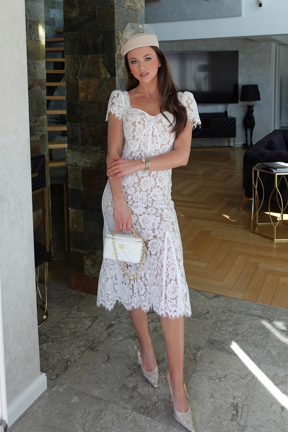 Short Sleeved Lace Dress With Delicate Matching Waist Belt - White