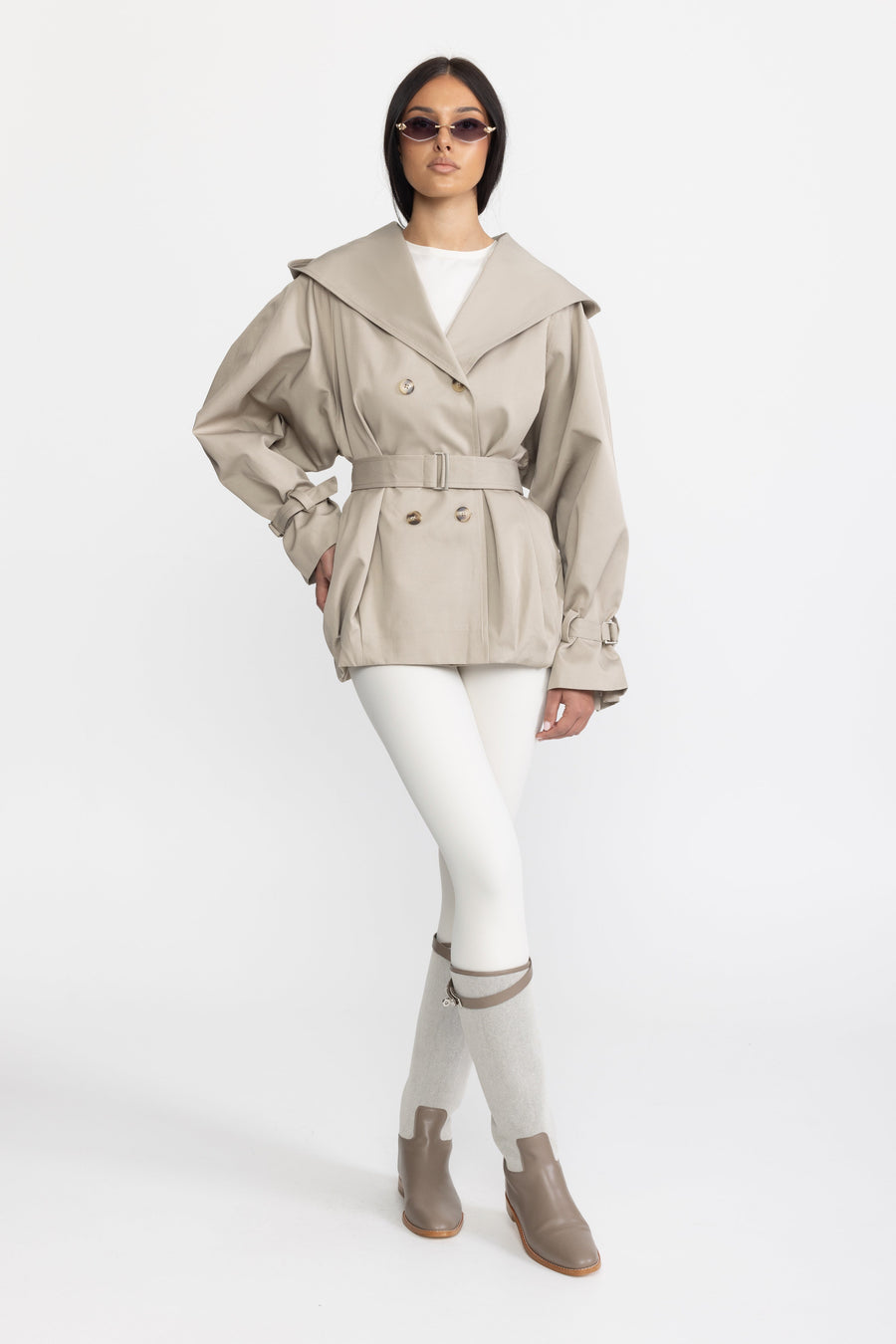 Hooded Double-Breasted Belted Trench Jacket - Stone