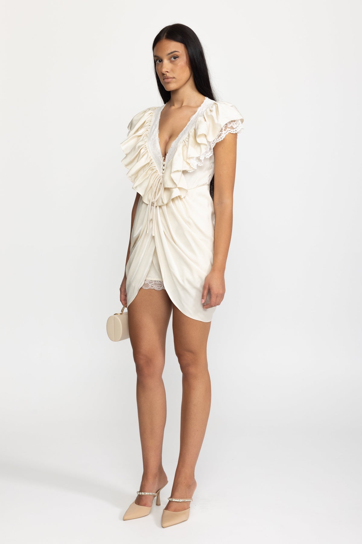 Ruffled Satin Wrap Overlay Playsuit - Ivoire