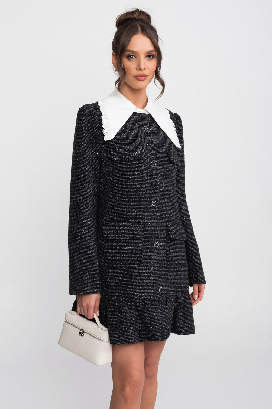 Amandine Charcoal Bouclé Tweed Mini Dress With Lace-Trim Collar And Ruffle Hem