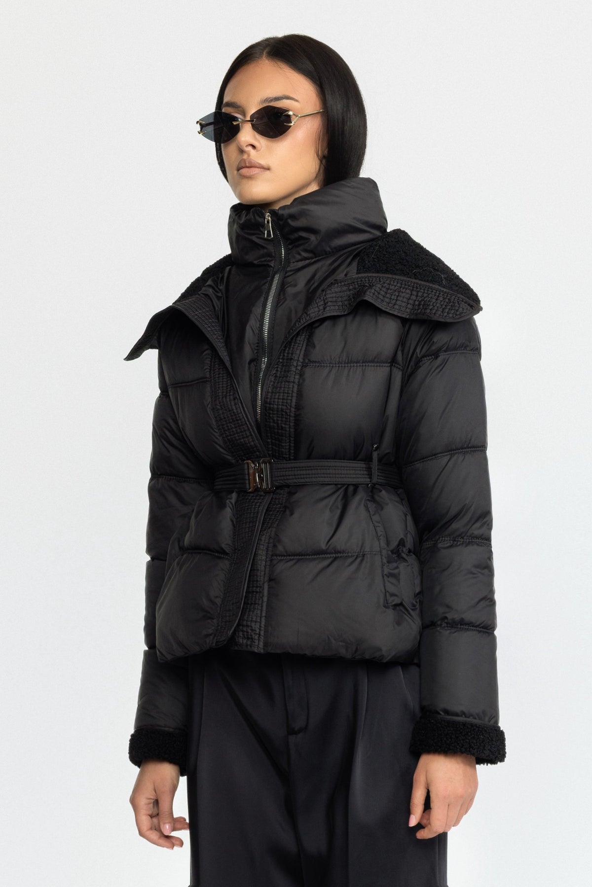 Belted Puffer Jacket with Teddy Collar - Black