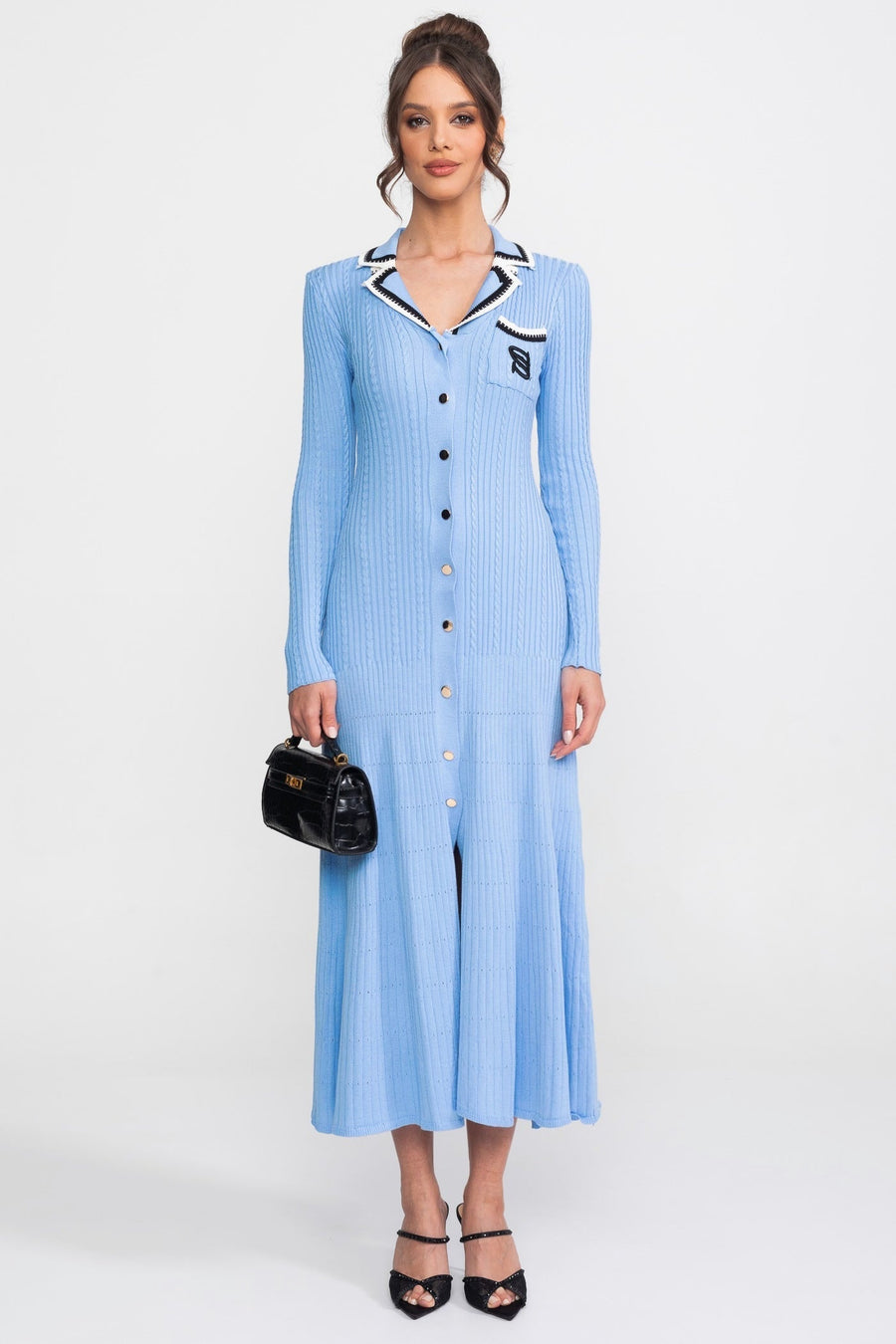 Georgiana Blue Long Sleeve Knit Midi Dress With Polo Collar And Monogram Patch