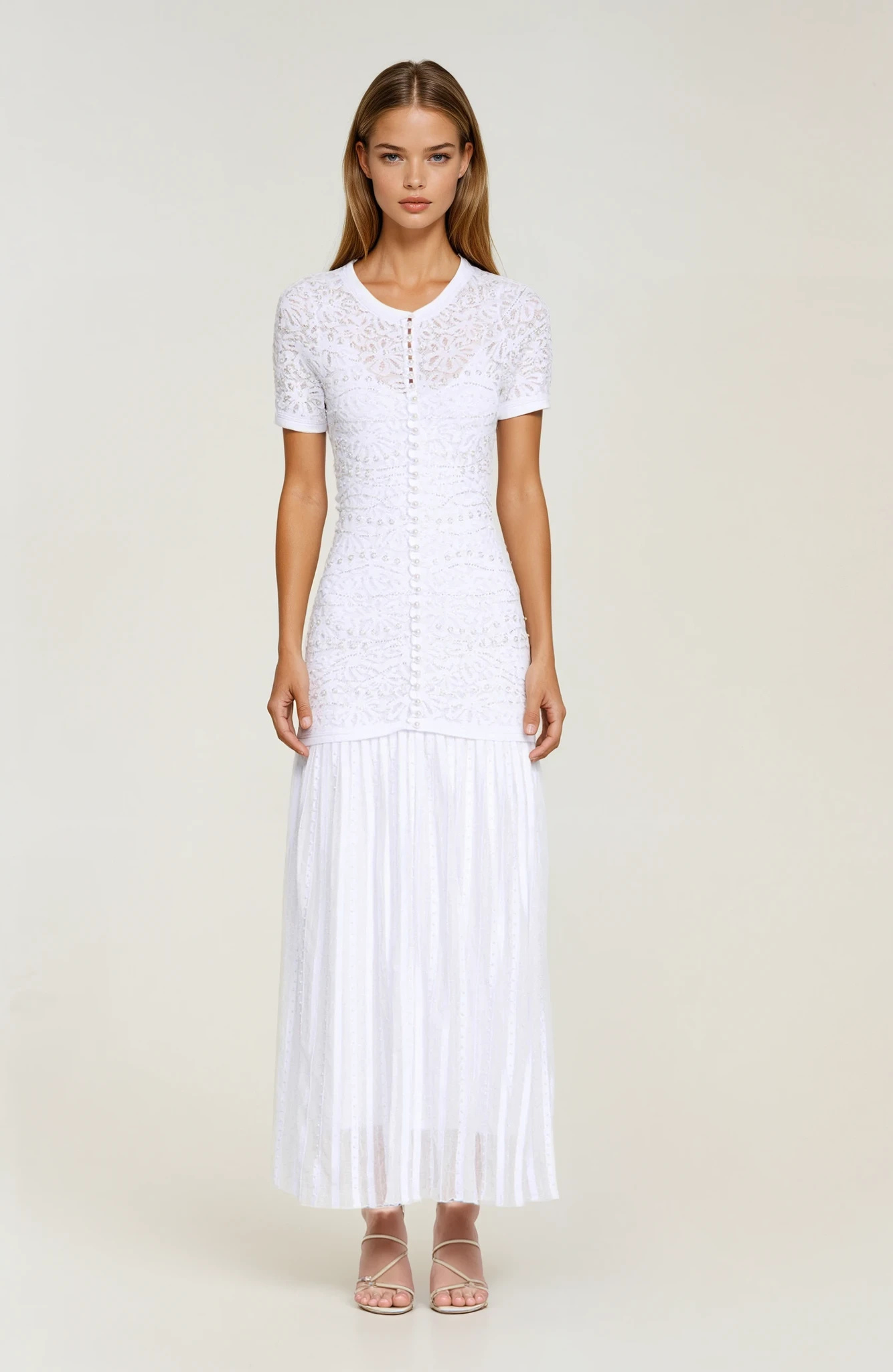 Sandro Celeste Embellished Knit Maxi Dress with Cropped Pearled Cardigan - Pearl White