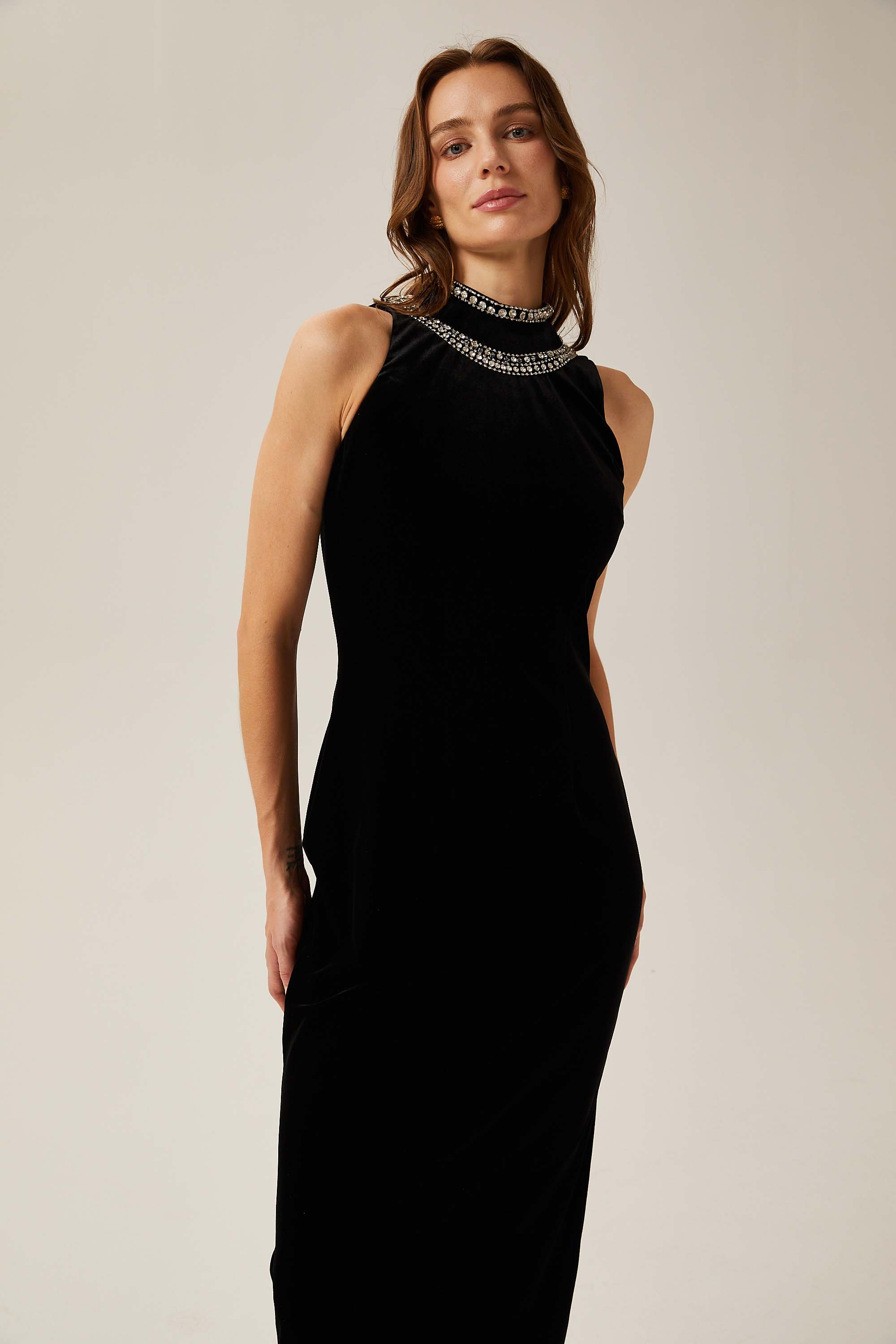 Colette black crystal-embellished velvet gown