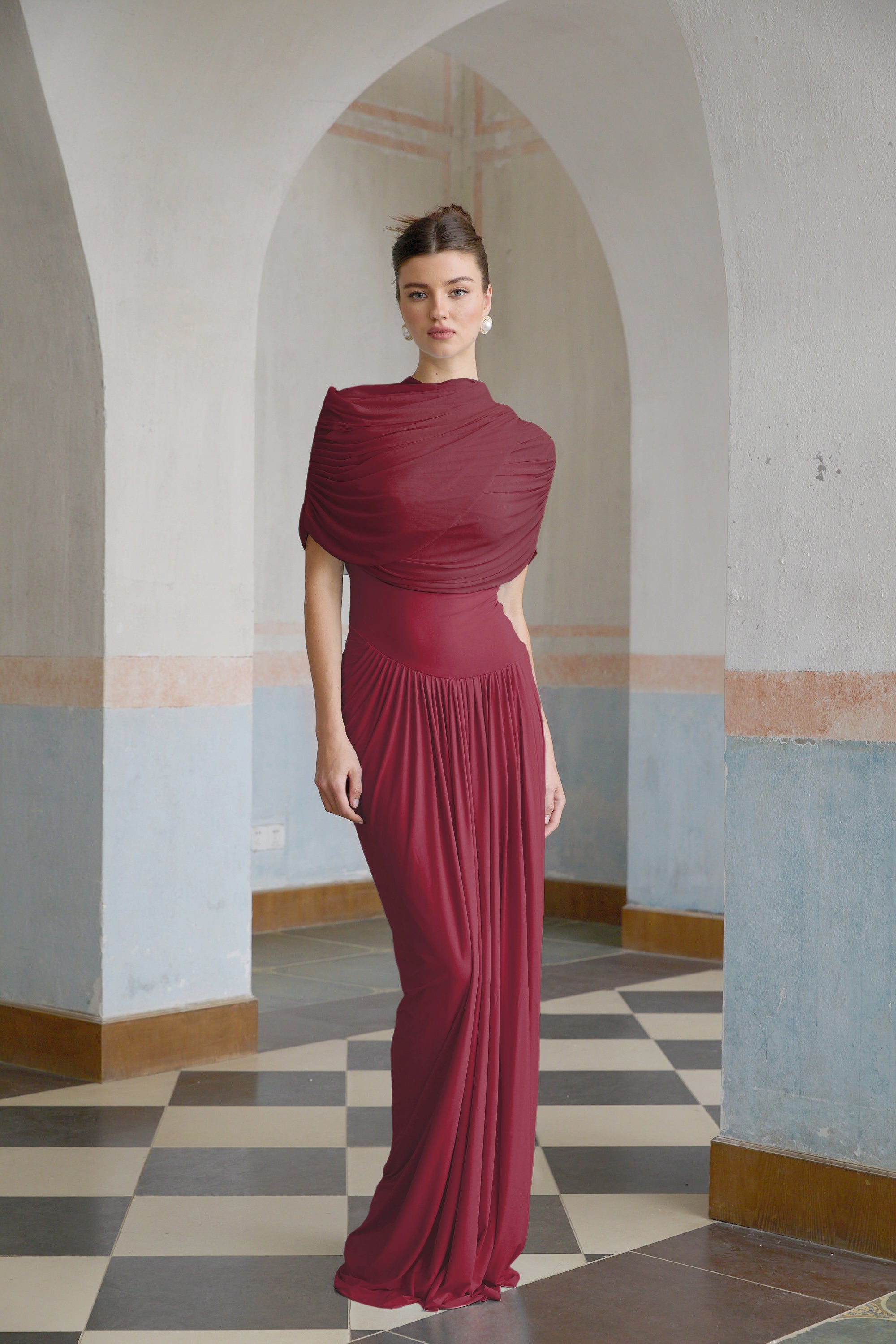 Catherine asymmetrical pleated maxi dress in Red (Final Sale-US Only)