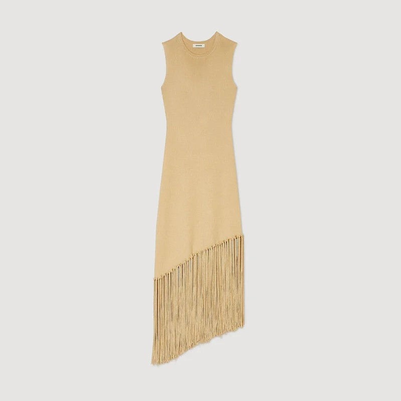 SANDRO ASYMMETRICAL FRINGED MAXI DRESS - Beige