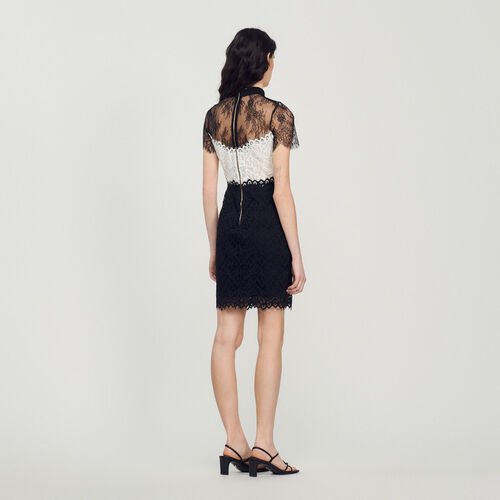 SANDRO TWO-TONE LACE DRESS - White / Black