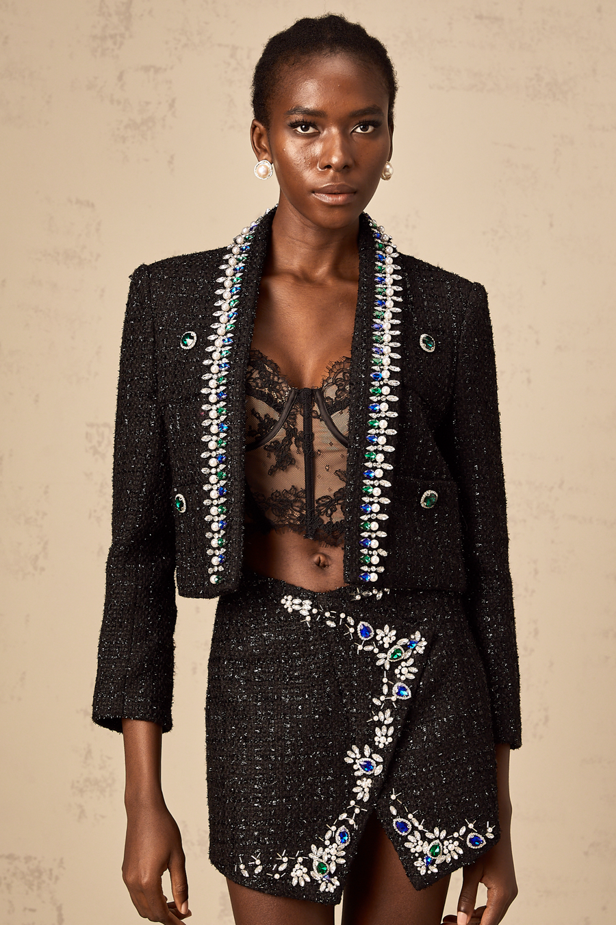 Delphine black crystal tweed jacket & skirt matching set