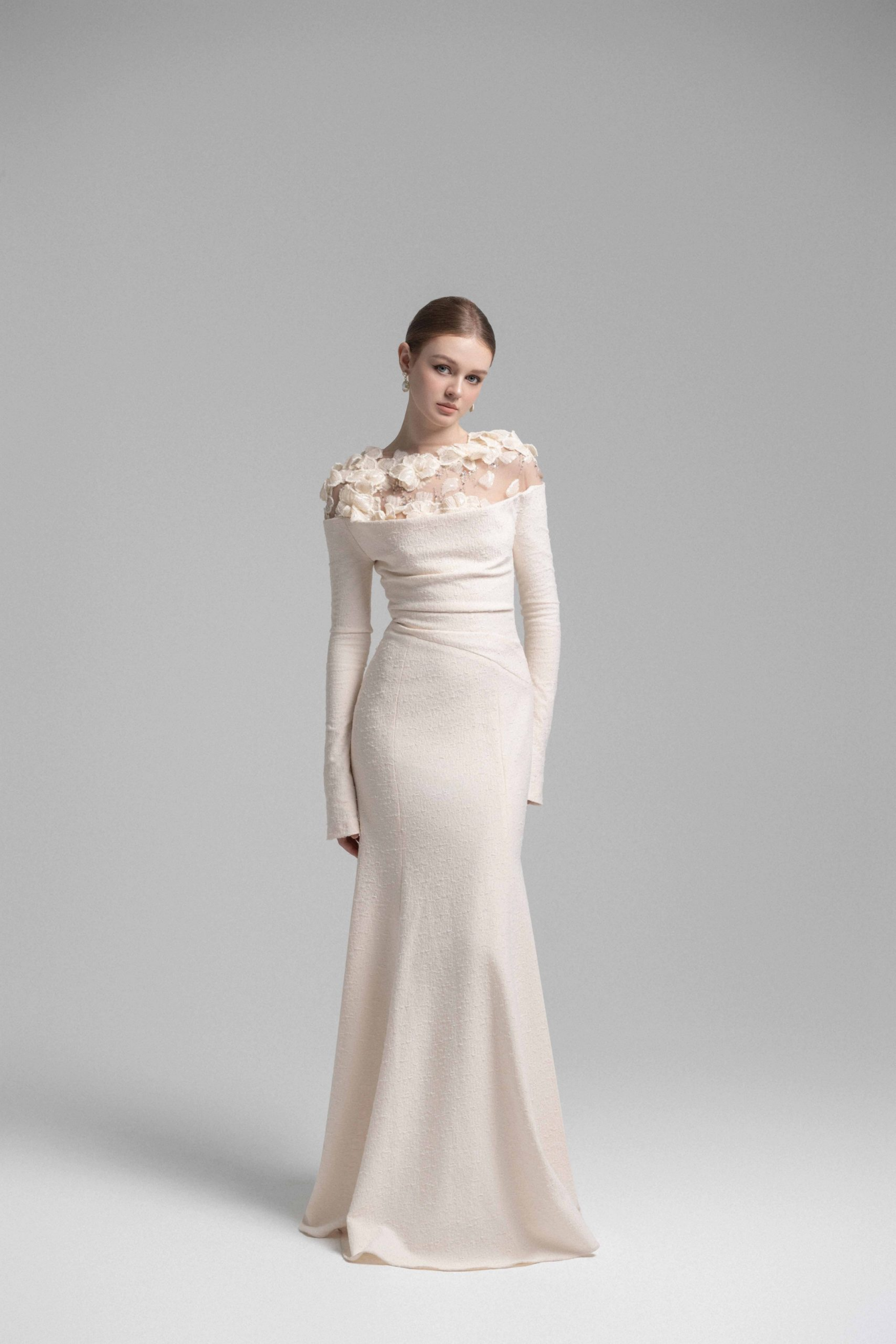 Silvia White Floral Appliqué Off-Shoulder Gown