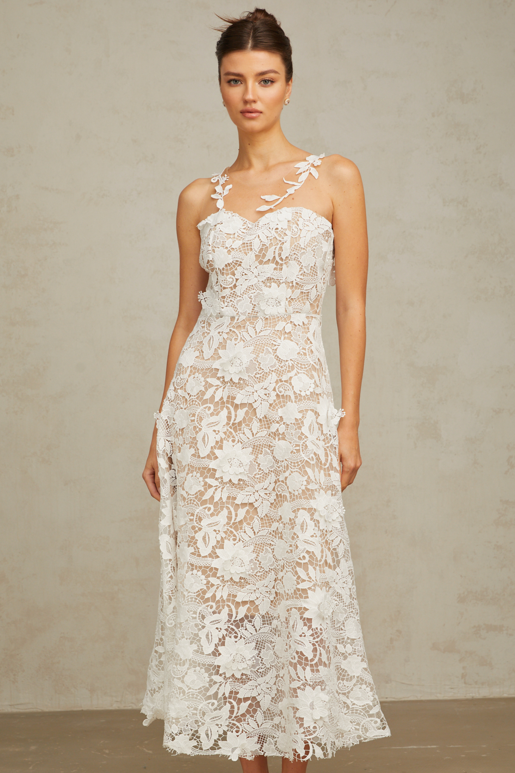 Carole white lace tulle-panelled midi dress