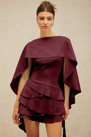 Lyna shawl-panel ruffled satin mini dress in Red