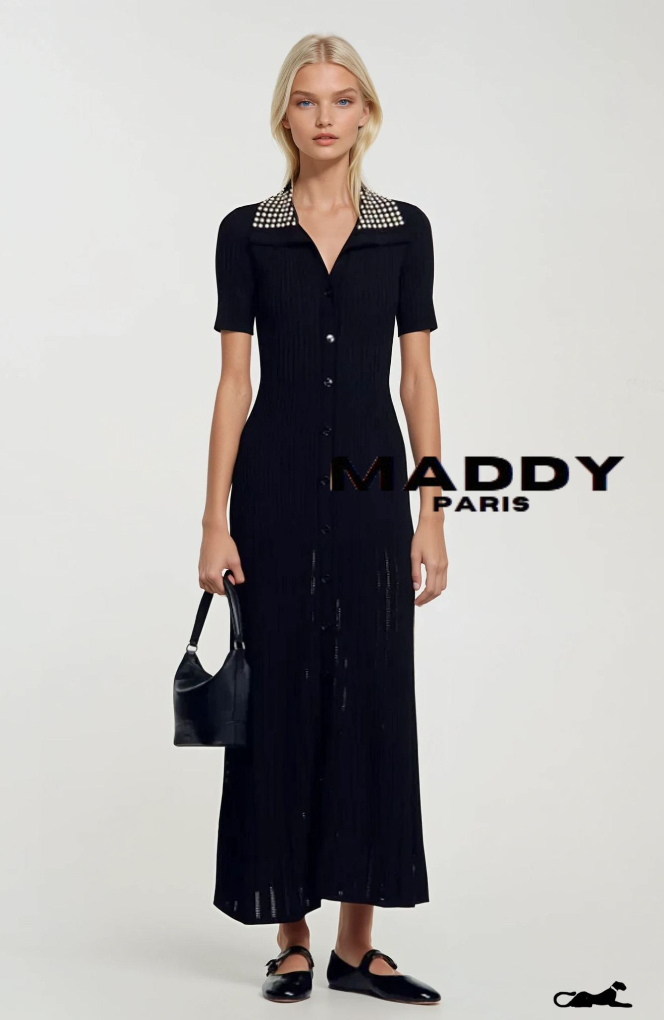 SANDRO KNIT MAXI DRESS WITH STUDS- BLACK