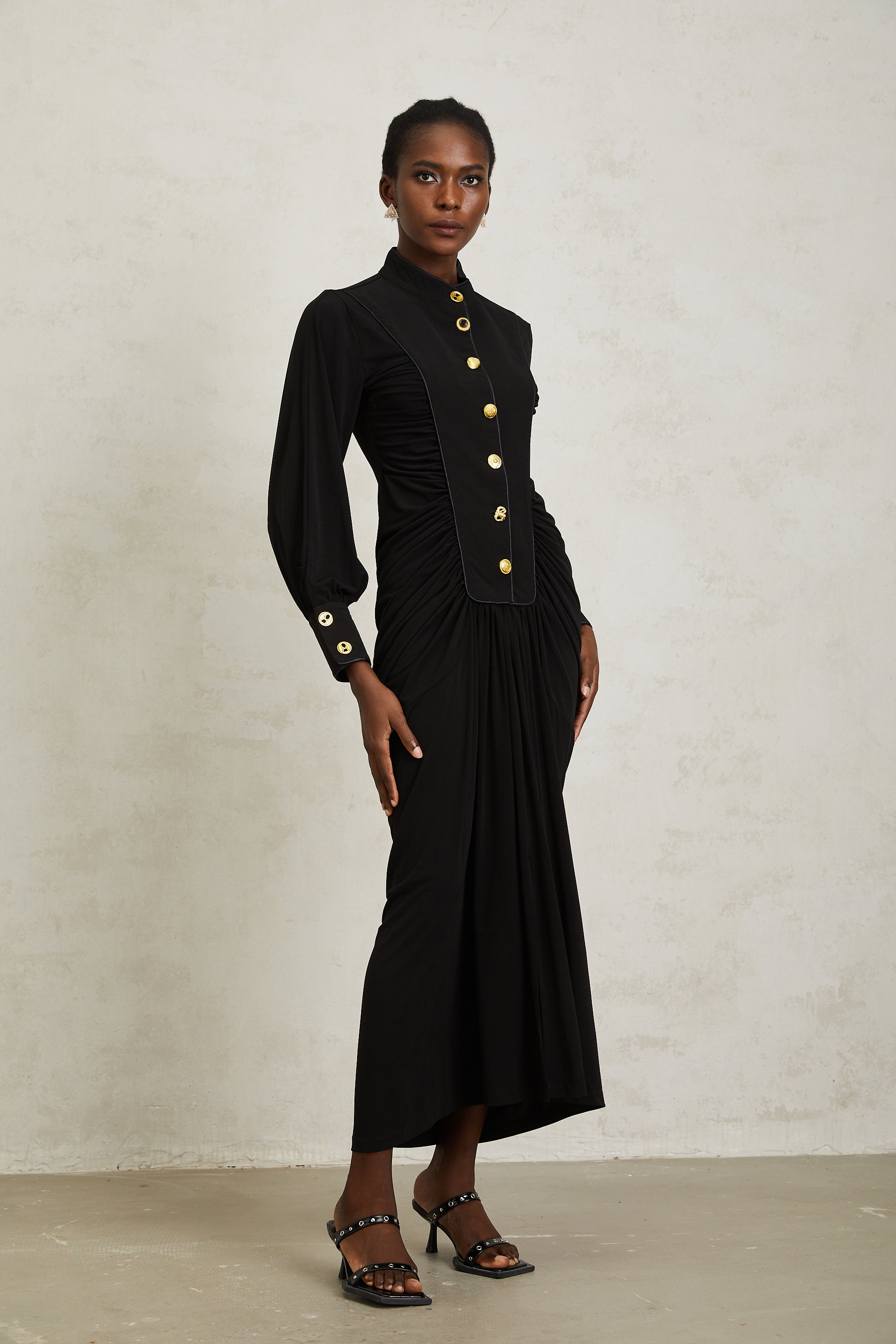 Brooklyn Black Gathered Draped Maxi Dress