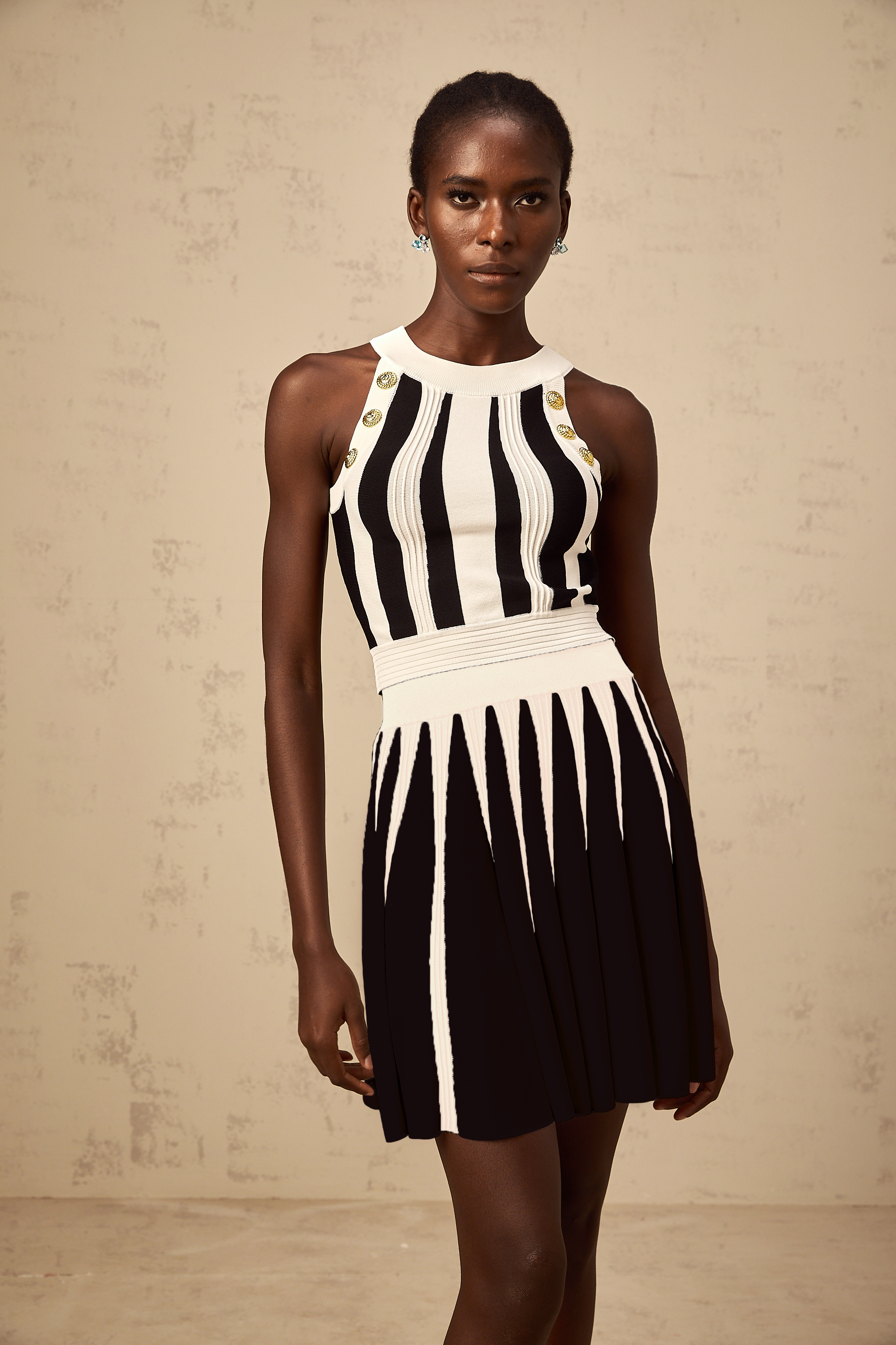 Iseult contrast-color striped knit top & skirt matching set