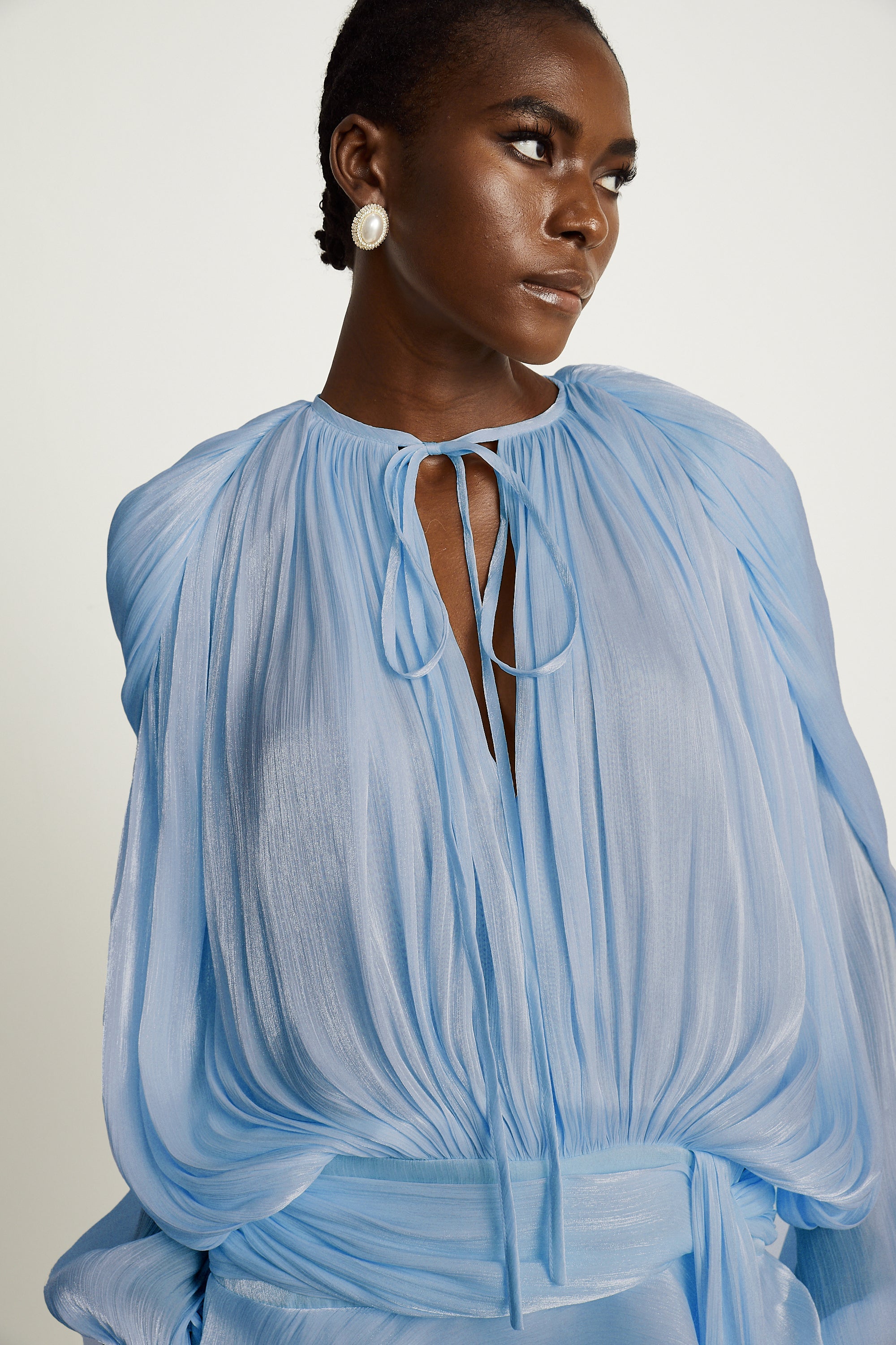 Eugénie fully-pleated ruffled mini dress in Blue