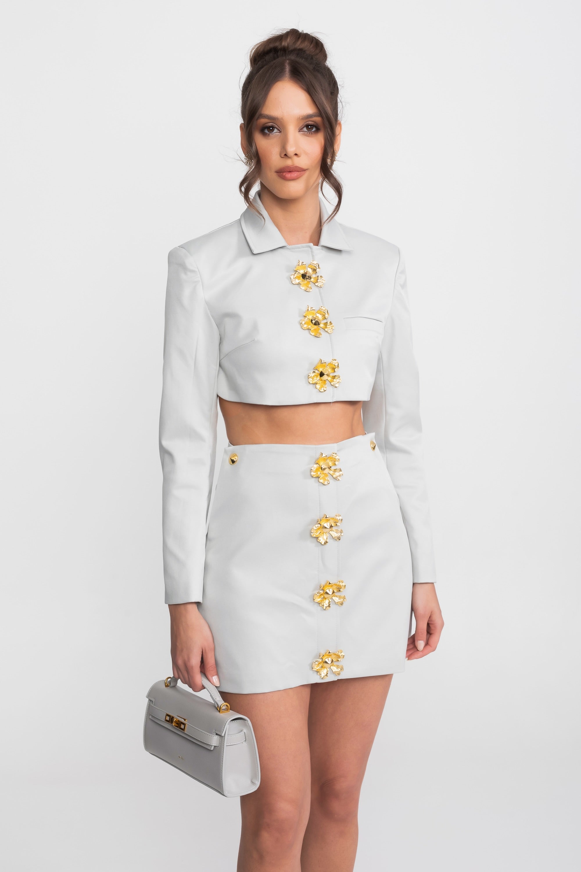 Cropped Jacket And Mini Skirt Co-Ord Set With 3D Floral Buttons - Light Gray