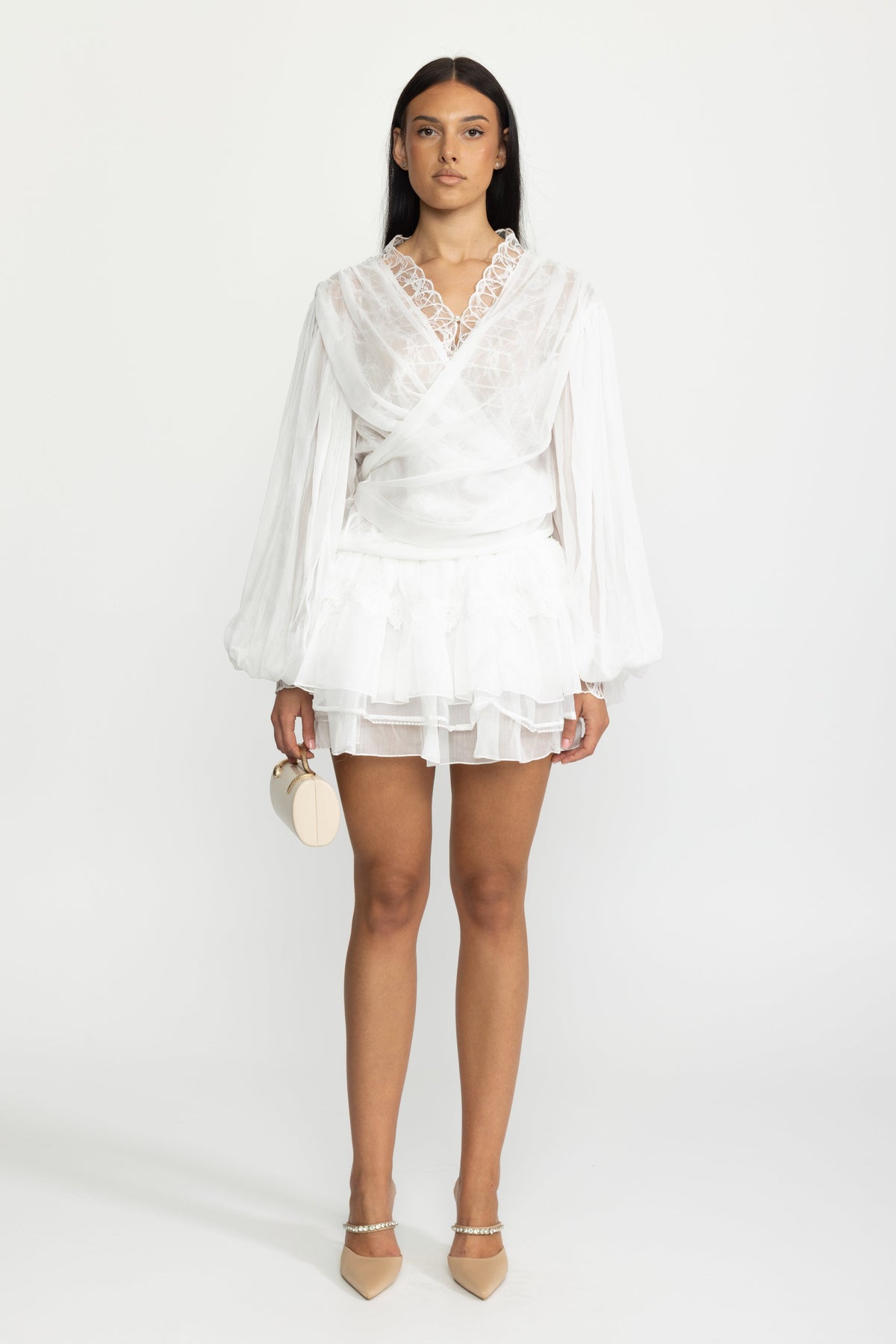 Lace Inset Chiffon Wrap Blouse and Ruffle Mini Skirt Co-ord Set - White