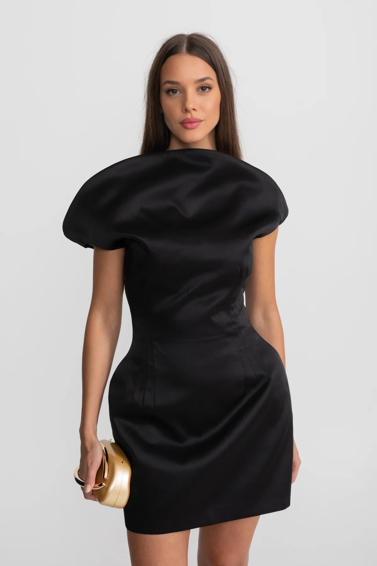 Satin Mini Dress with Sculptural Shoulder Detail - Black