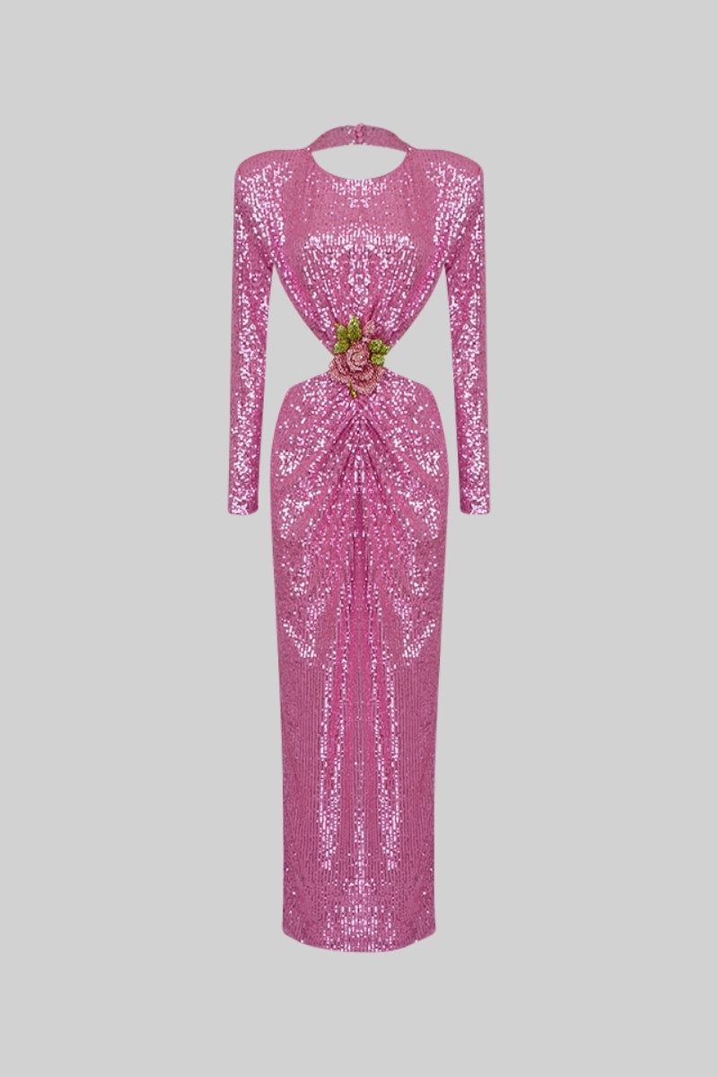 MIREILLE Luxurious Sequins Midi Dress - Pink