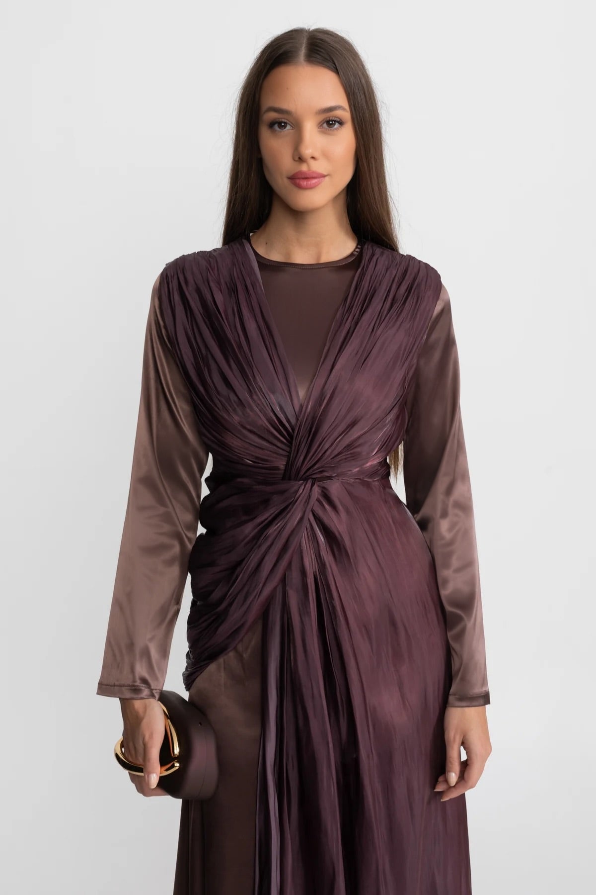 Satin Midi Dress with Draped Overlay and Knot Detail - Brown