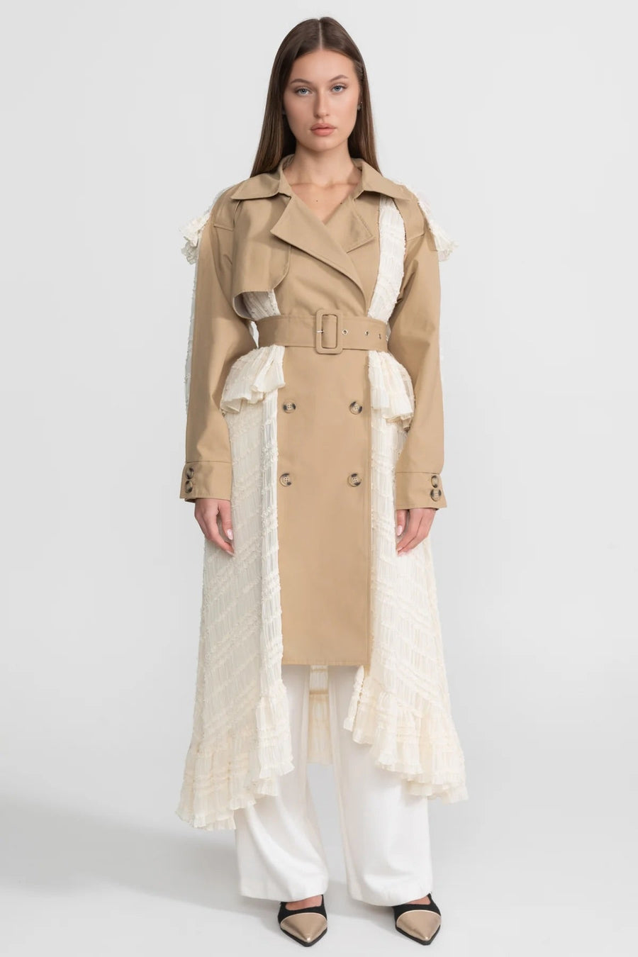 Longline Lace Panel Trench Coat With Belted Waist – Beige
