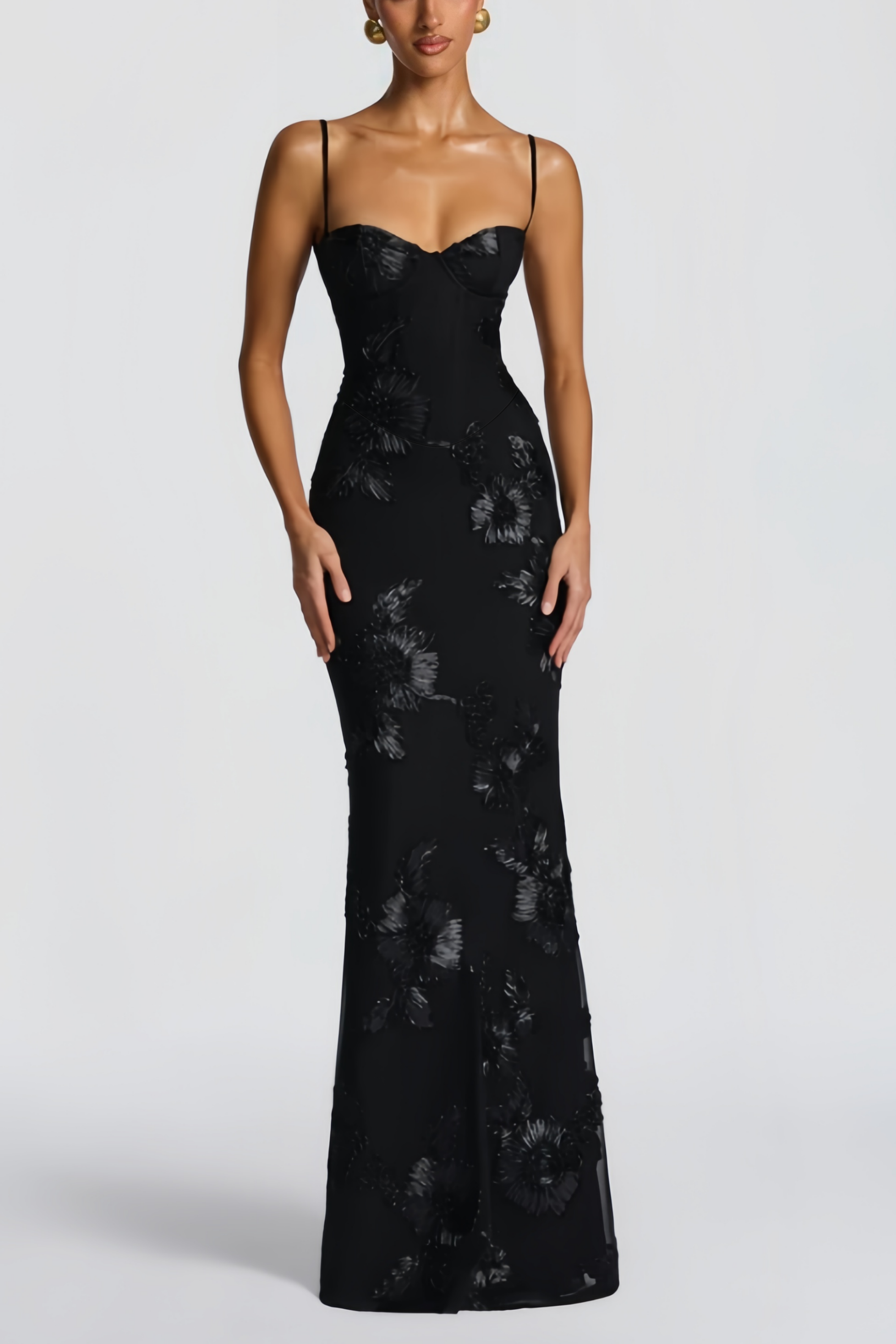 Théoline Black Floral Appliqué Corset Maxi Dress (Final Sale-US Only)