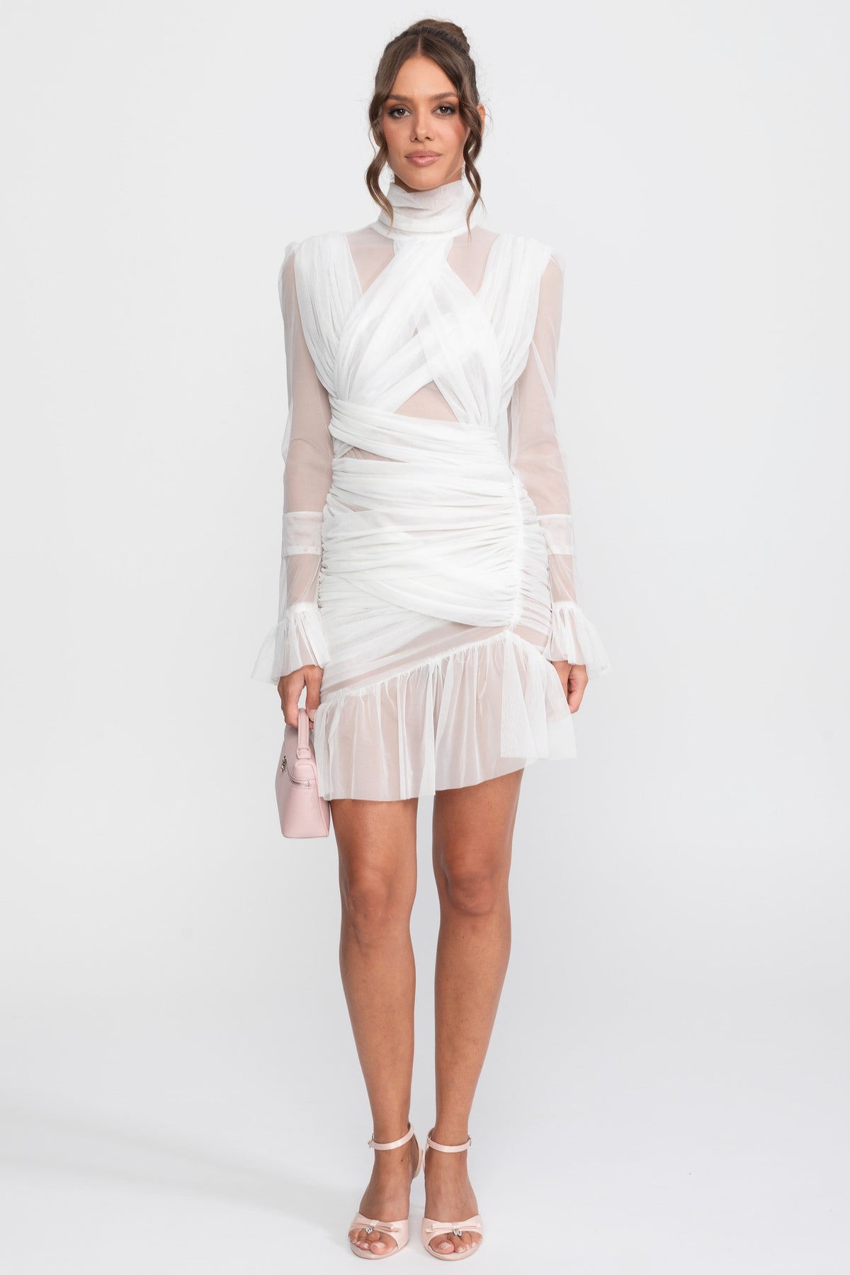Cross-Wrap Ruffle Mesh Mini Dress With Long Sleeves - White