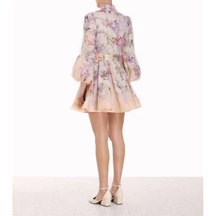 MADDY  FLORAL COTTON LINEN  FLORAL MINI DRESS - Pink